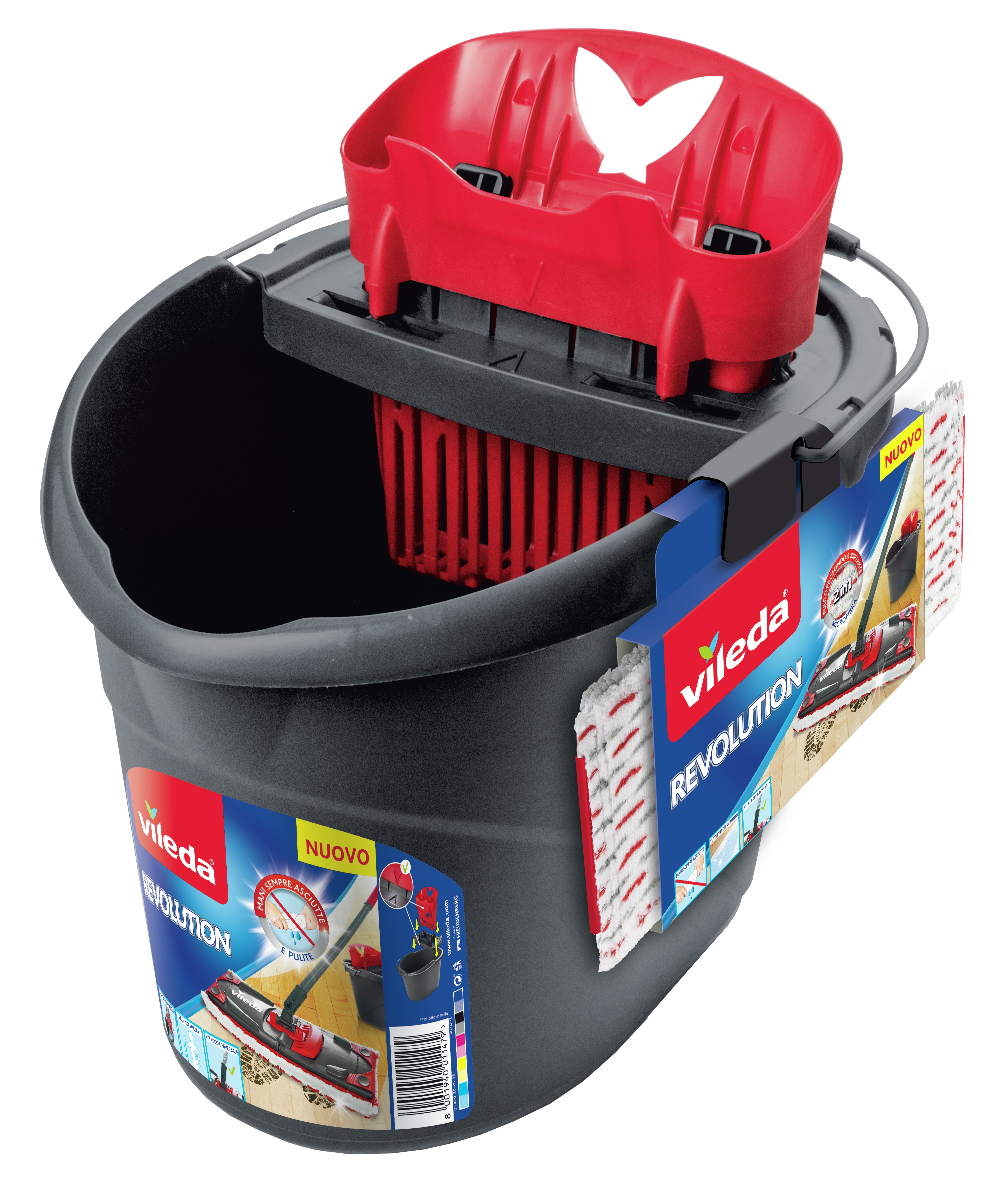 Un secchio nero con coperchio rosso e accessorio per mocio.