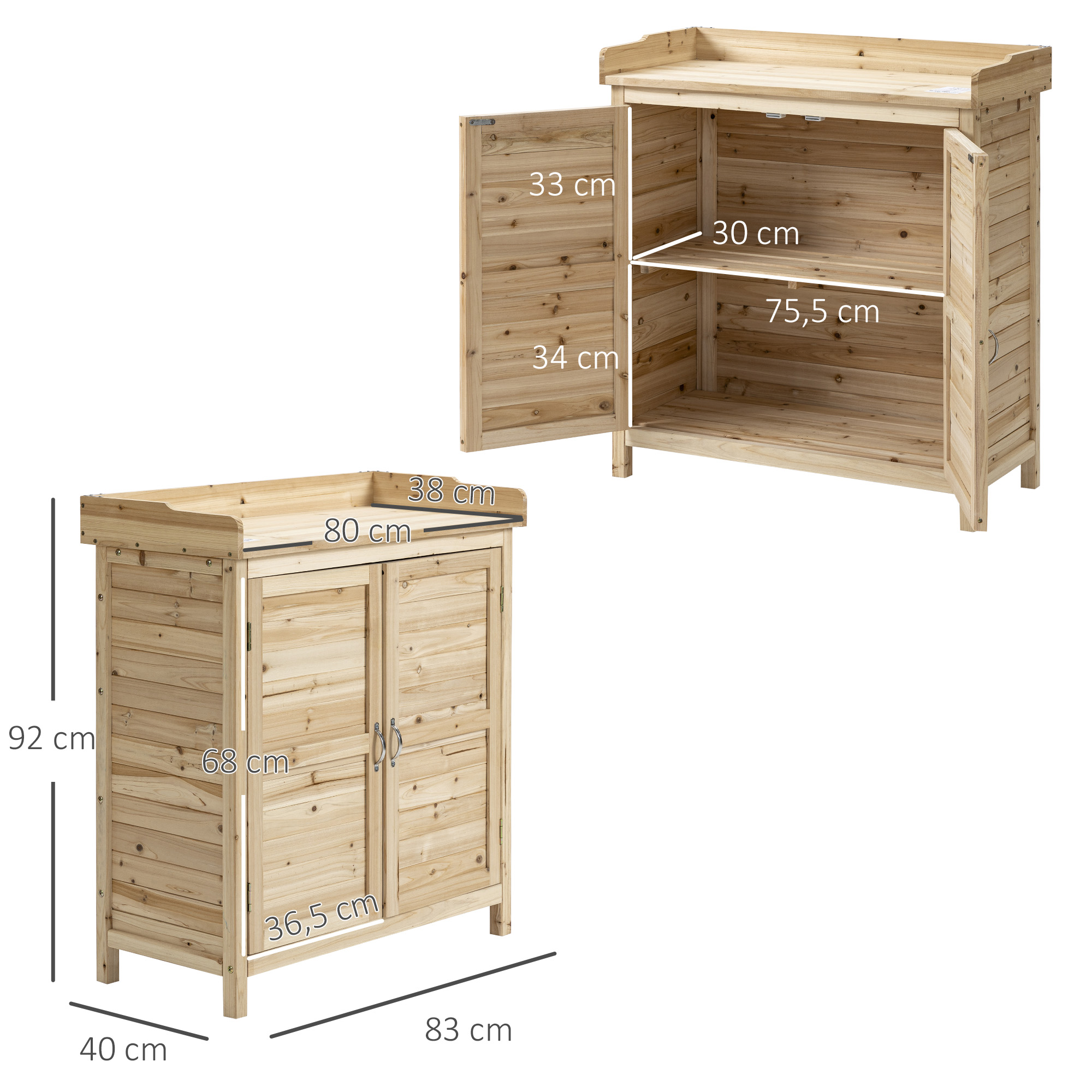 Armario de madera con dos puertas, estantes abiertos y medidas.