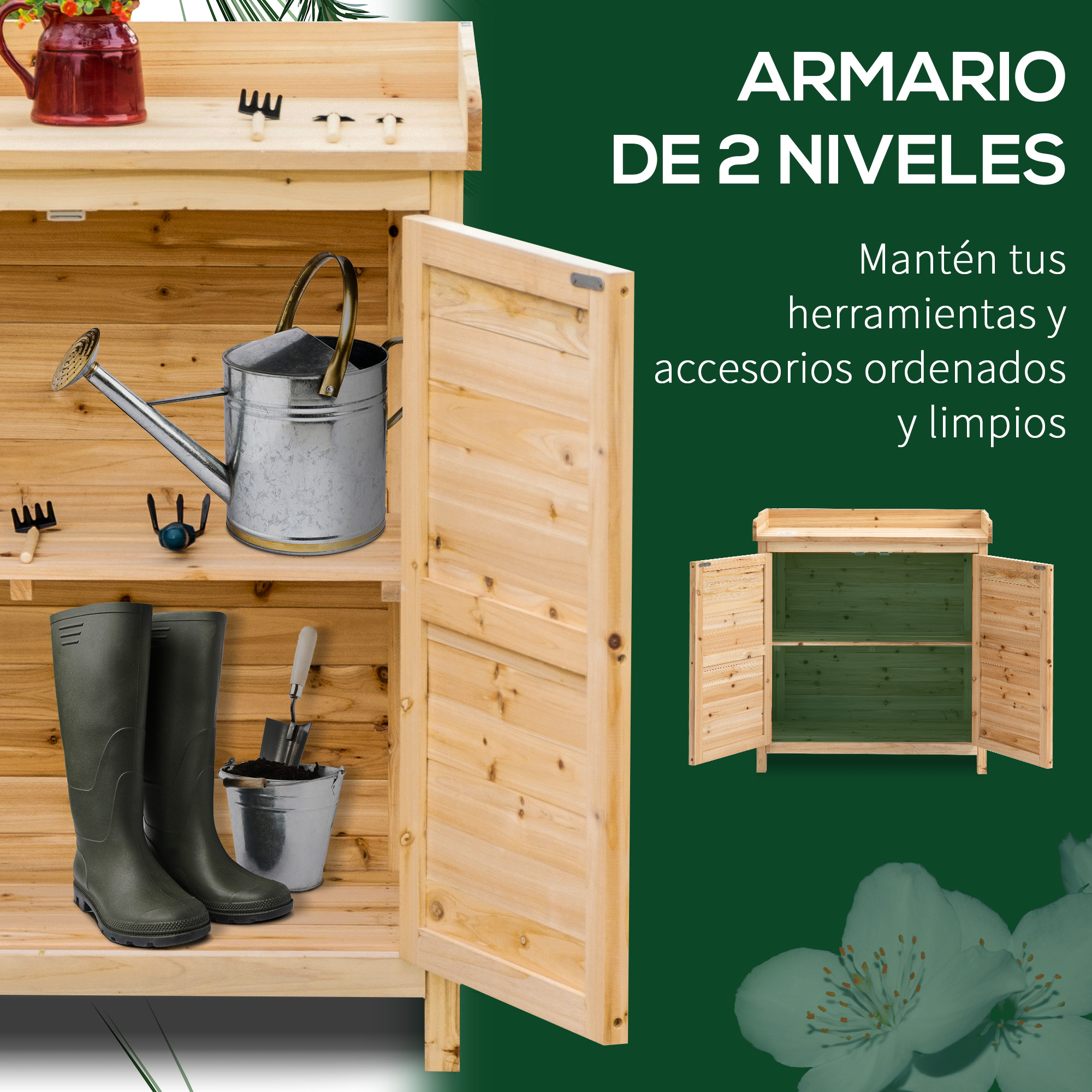 Armario de madera de dos niveles con herramientas de jardín y botas dentro.
