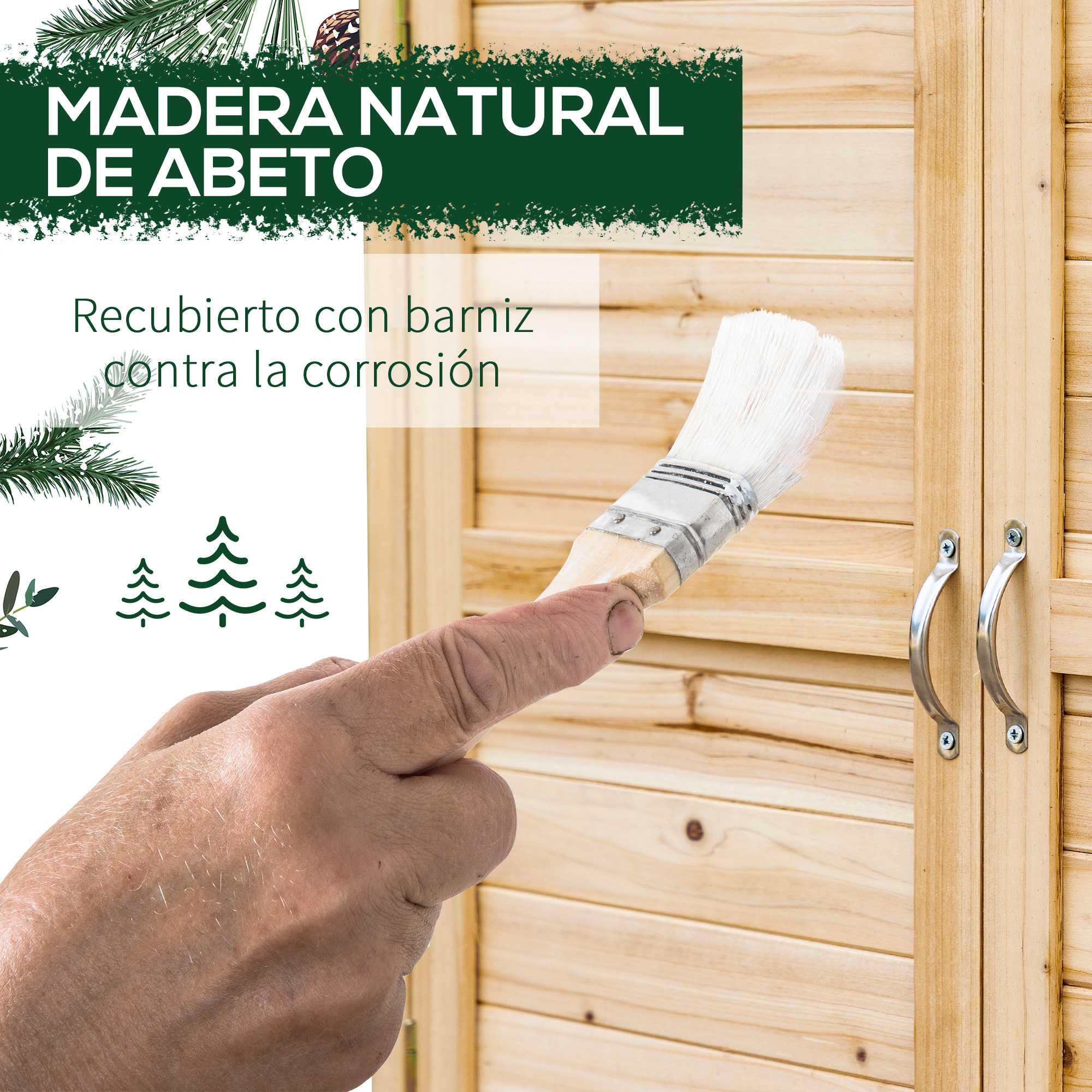 Una mano pinta una superficie de madera con un pincel. Texto sobre abeto.