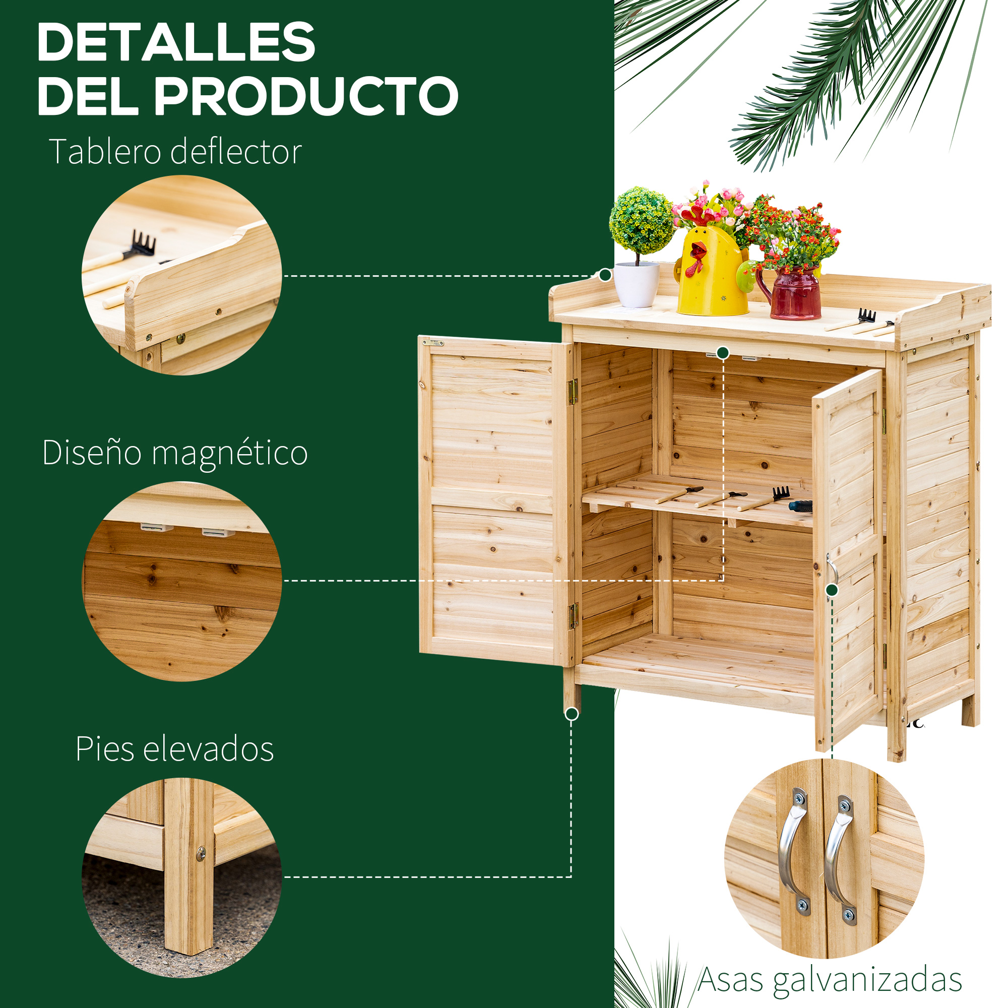 Armario de madera con puerta abierta, flores decorativas, herramientas y etiquetas.