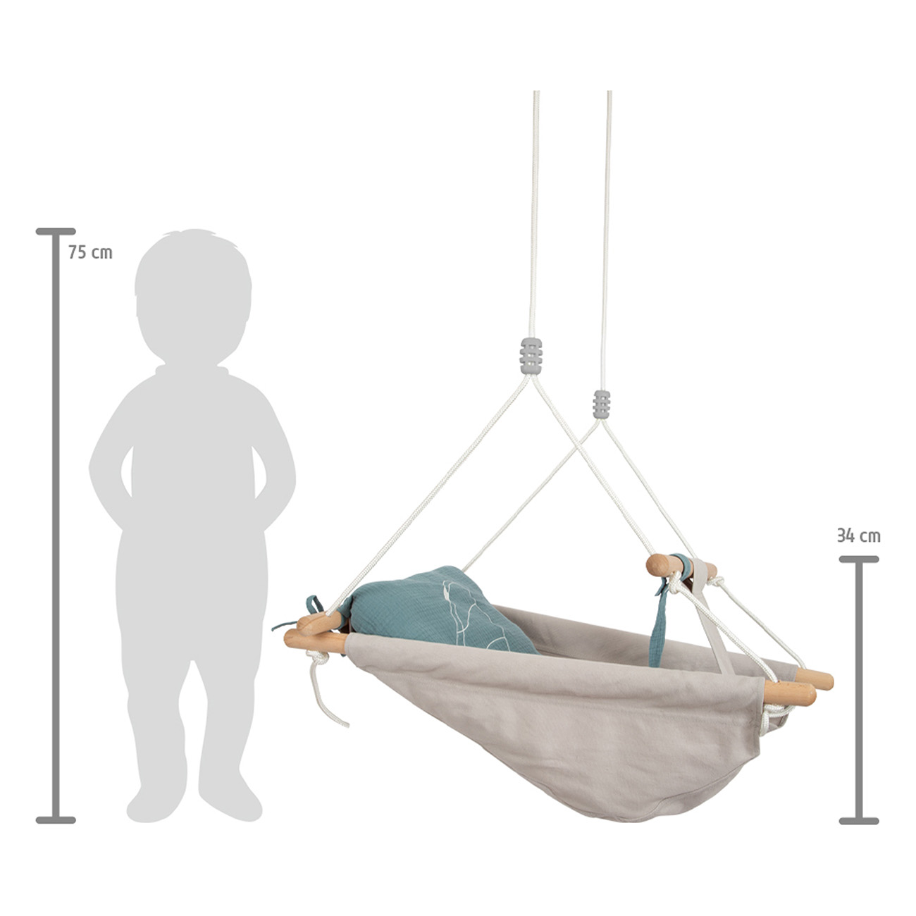 Babyhängesitz mit Kissen, daneben eine stilisierte Kinderfigur (75cm).