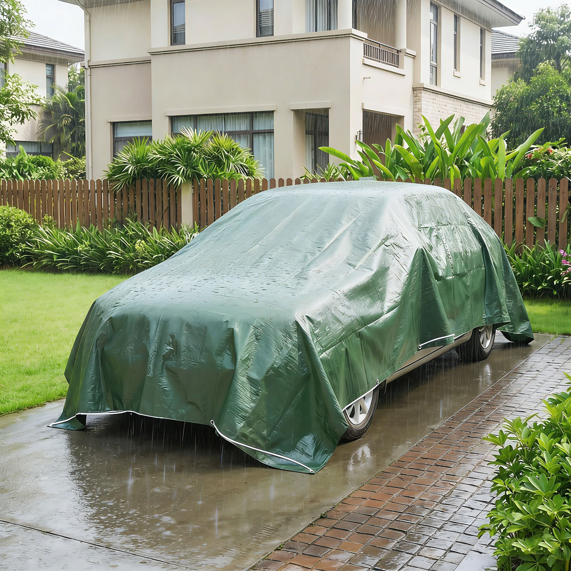 Un coche cubierto con una lona verde bajo la lluvia exterior.