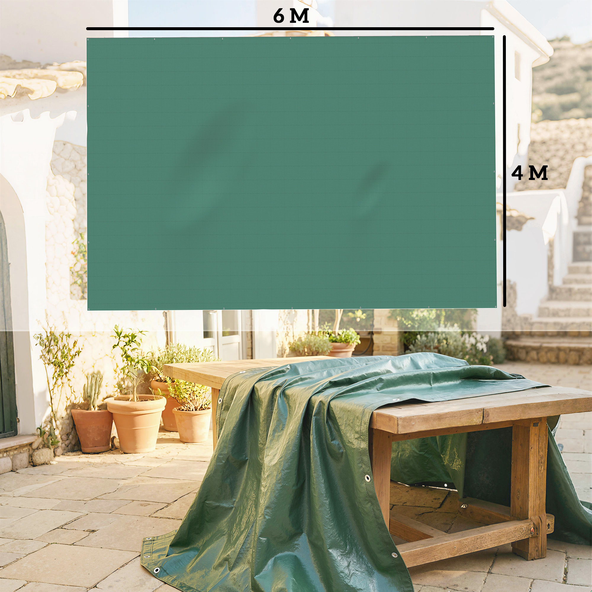 Pancarta verde de 6x4m sobre mesa de madera al aire libre.