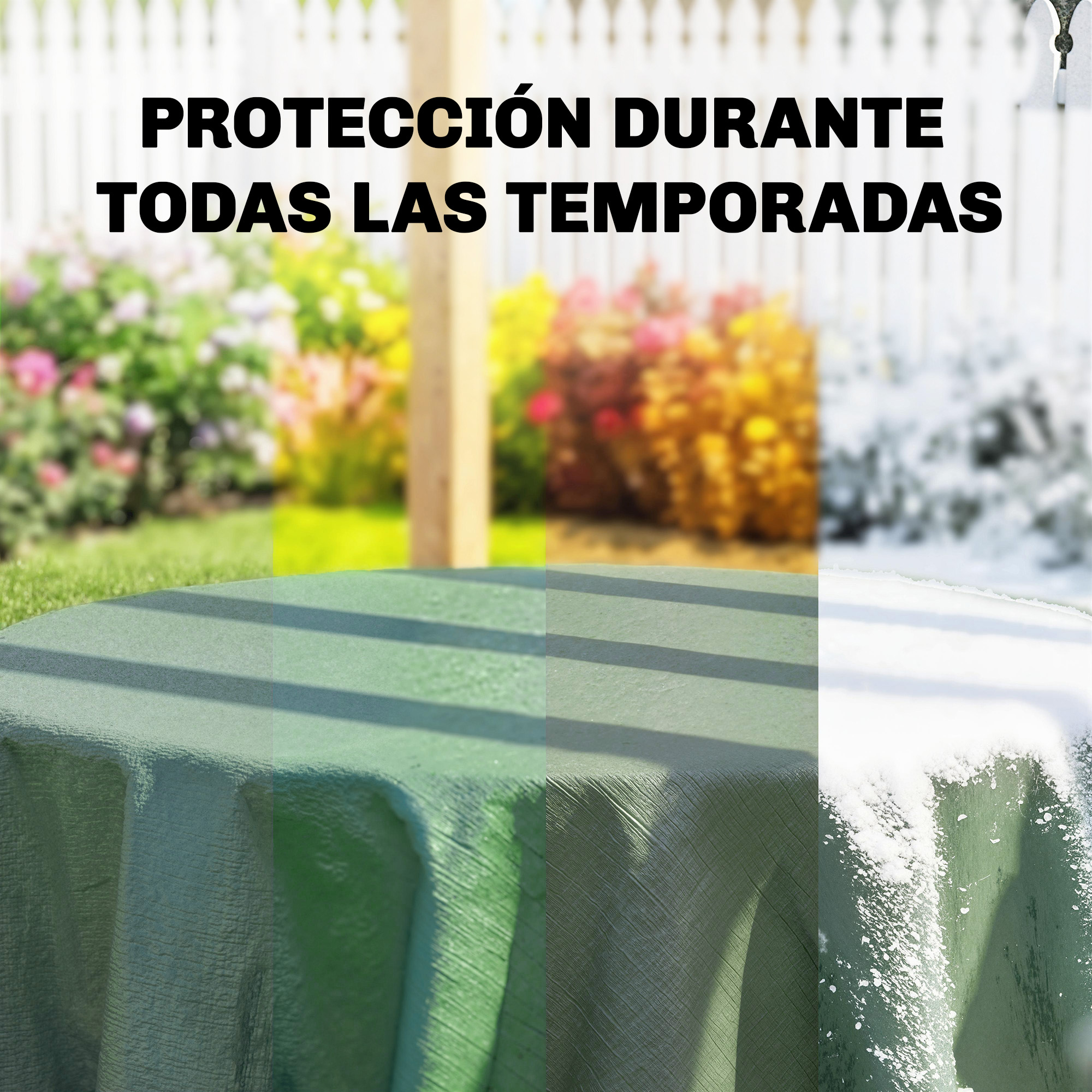 Mantel verde en un jardín, verano a la izquierda, invierno con nieve a la derecha.