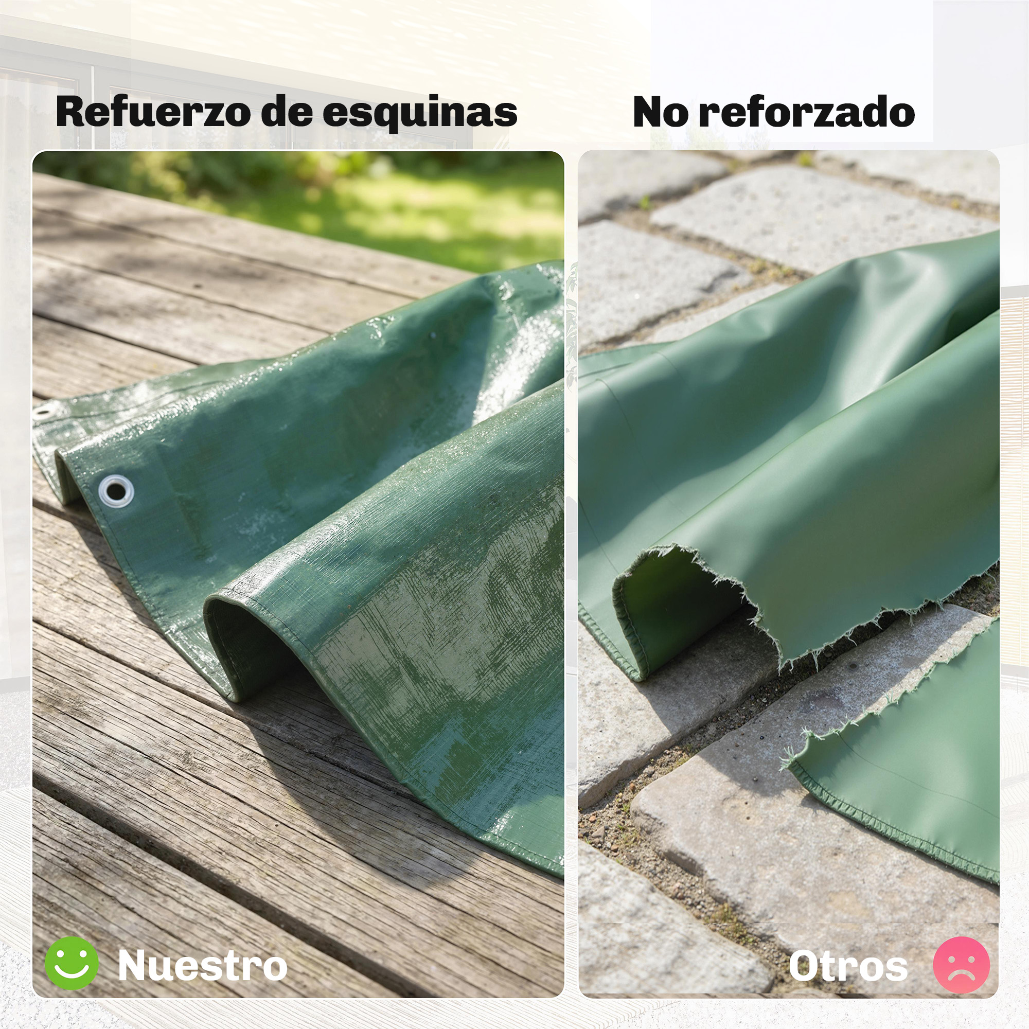 Lona verde con esquina reforzada a la izquierda, borde crudo a la derecha.