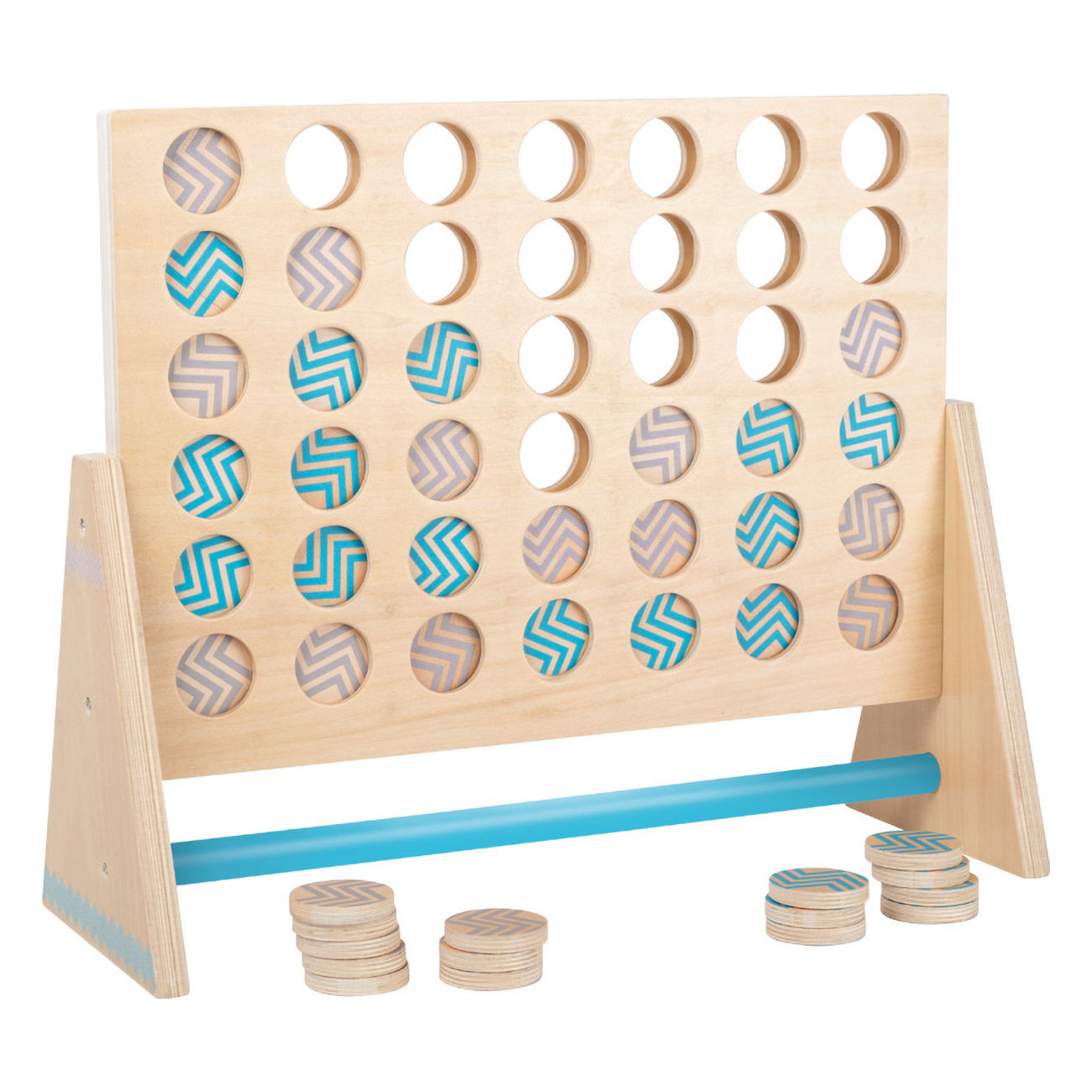 Ein Holzspiel für vier Gewinnt mit blauen und grauen Kreisen.