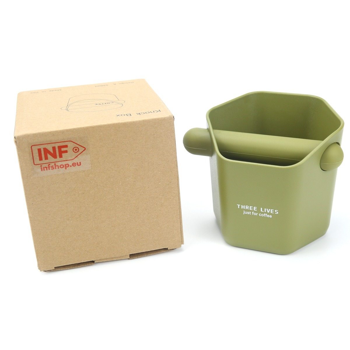 Contenitore verde per caffè macinato accanto a scatola di cartone marrone con logo INF.