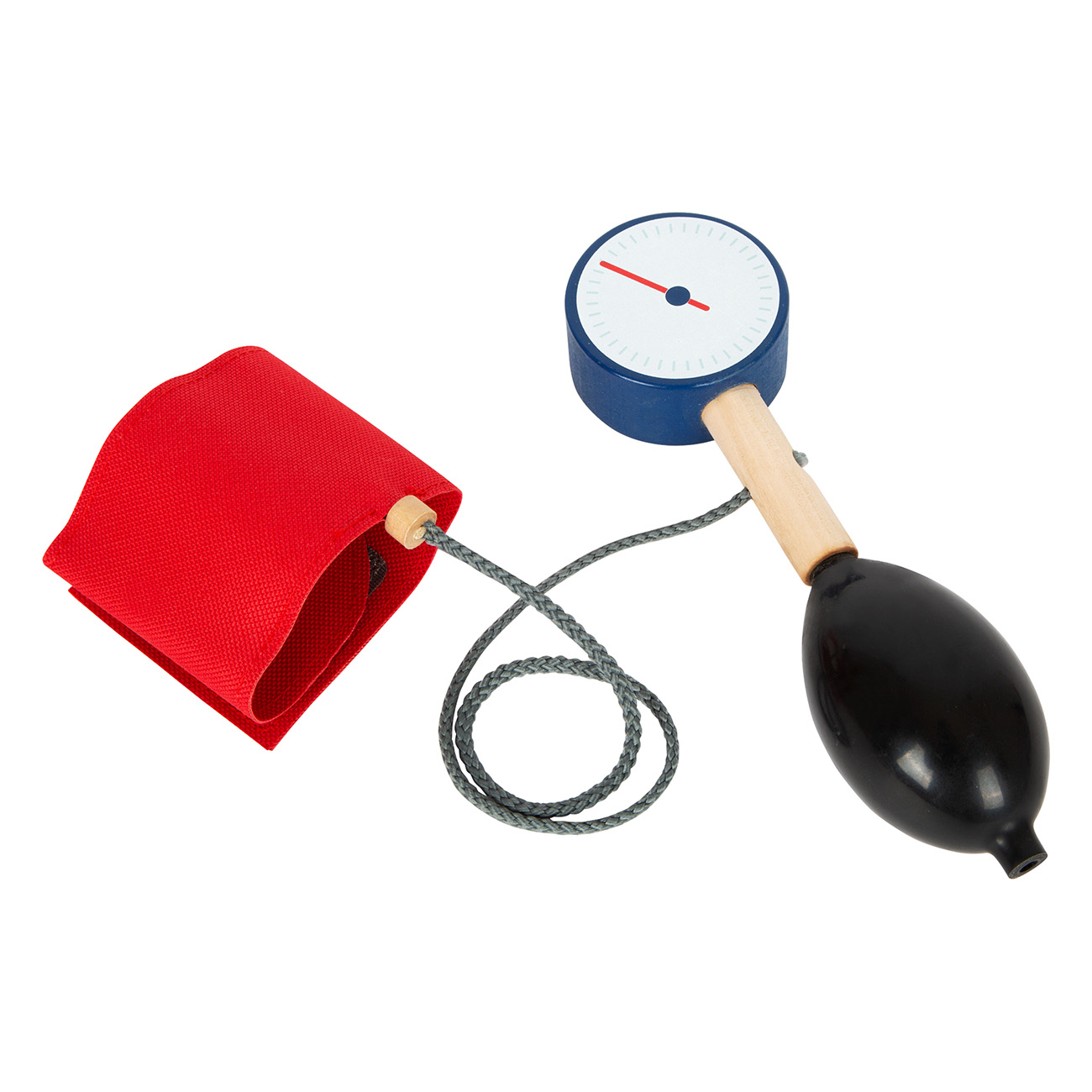 Ein Spielzeug-Blutdruckmessgerät mit rotem Manschette, Pumpe und blauem Messgerät.