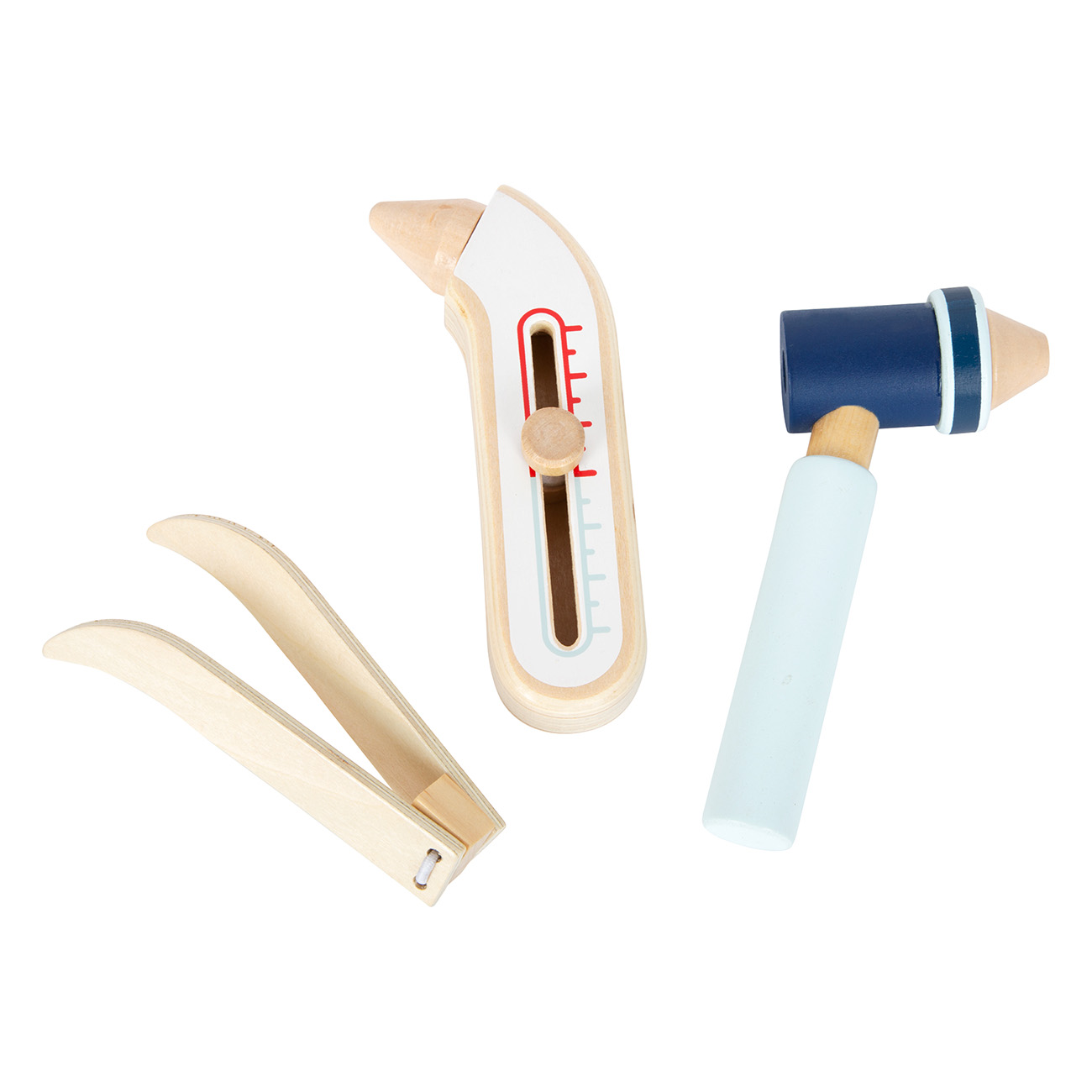 Holz-Spielzeug: Zange, Fieberthermometer und Otoskop.