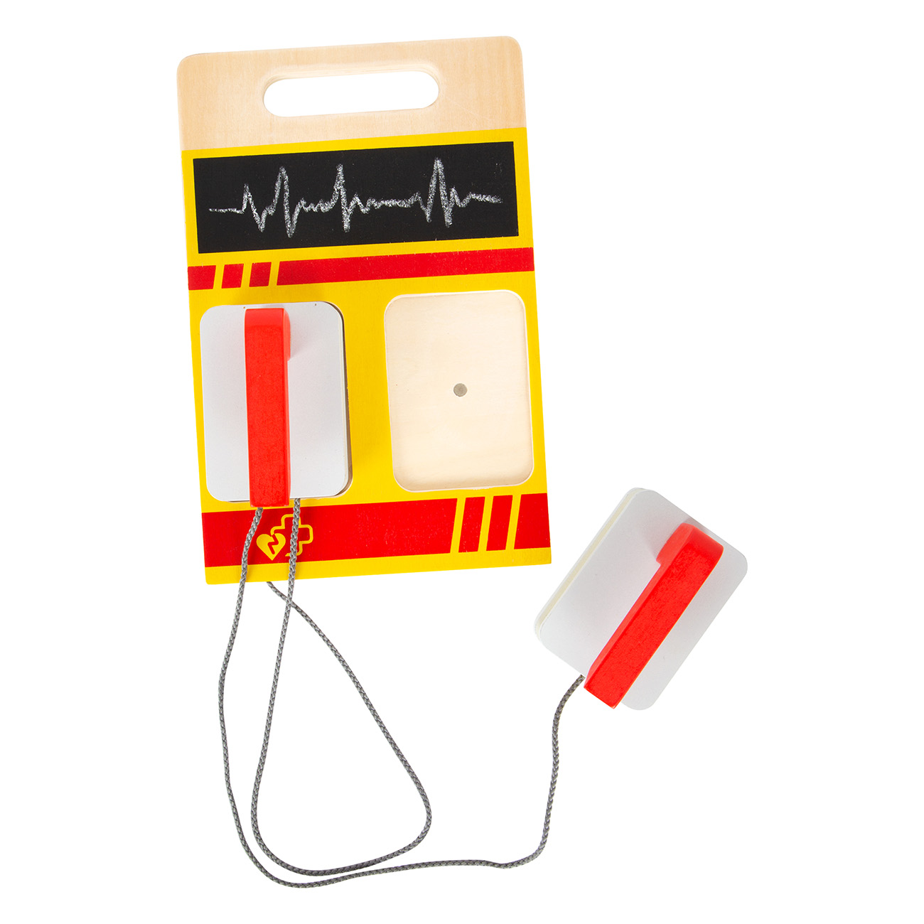 Ein Spielzeug-Defibrillator mit gelbem Gehäuse, roten Elektroden und EKG-Linie.