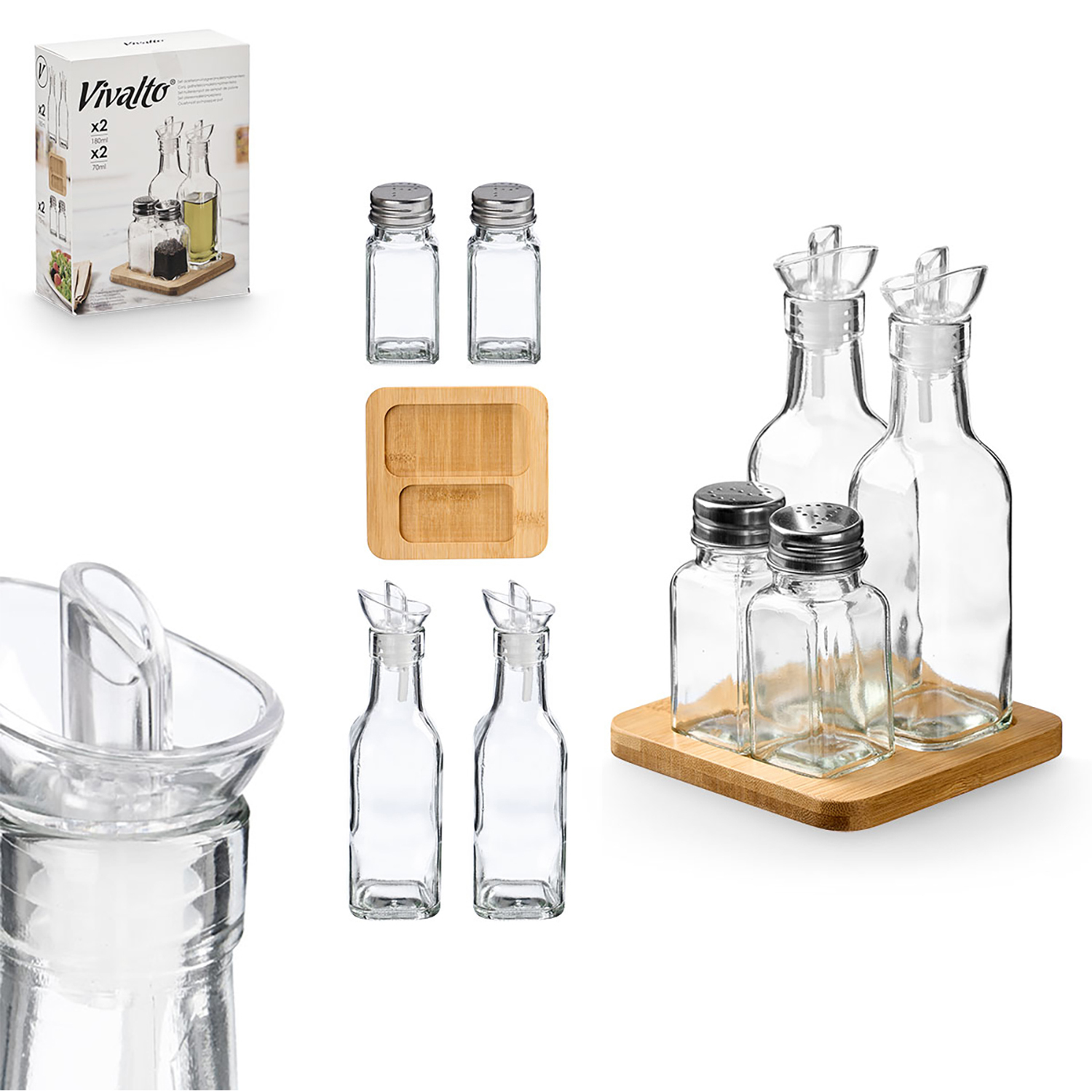 Set Vivalto con shaker, bottiglie d'olio e vassoio in bambù.