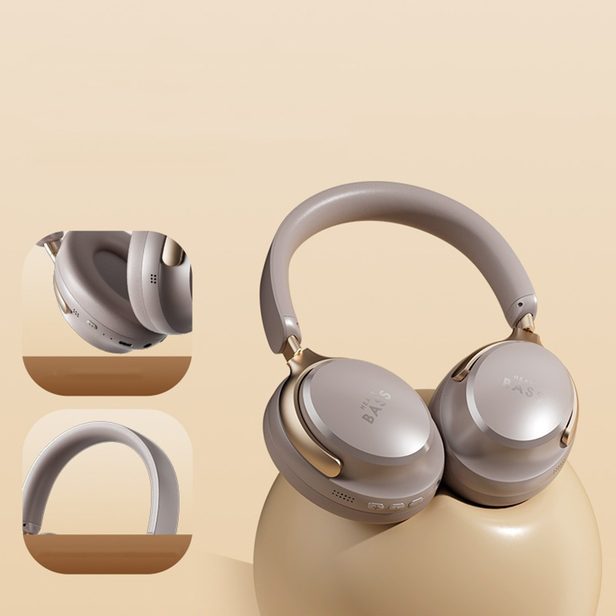 Auriculares marrón claro con detalles dorados se muestran sobre fondo beige. Dos imágenes pequeñas muestran detalles.