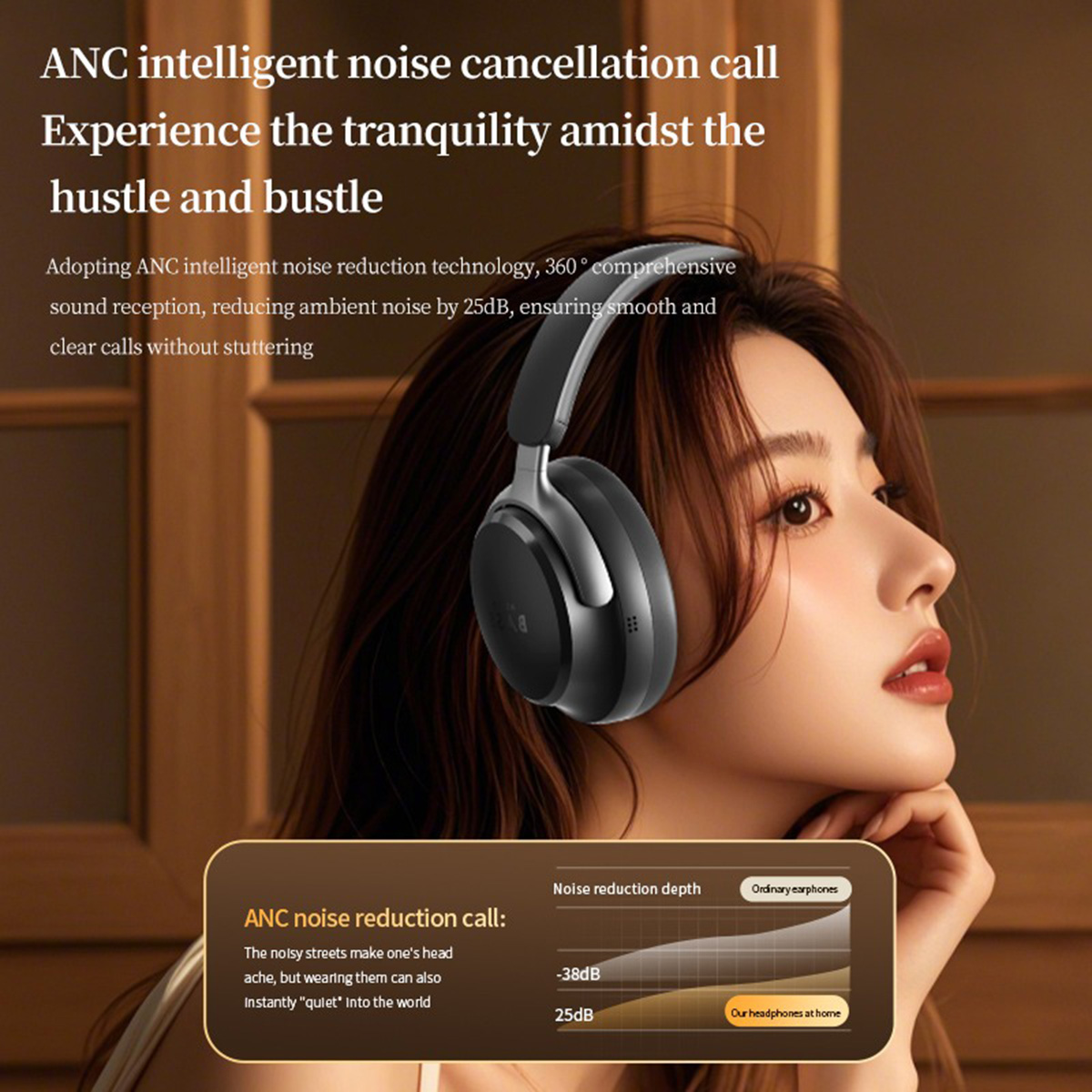 Una mujer lleva auriculares. Un gráfico muestra la reducción de ruido.