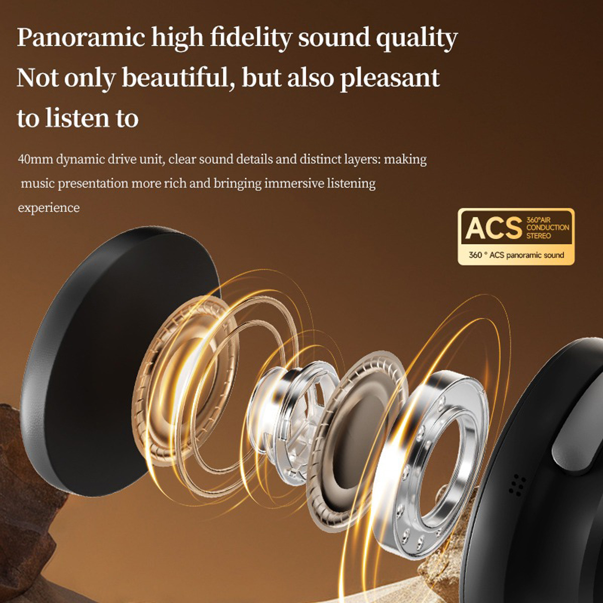 Vista explosionada de auriculares, enfocándose en la unidad de controlador de 40 mm y componentes plateados/dorados.