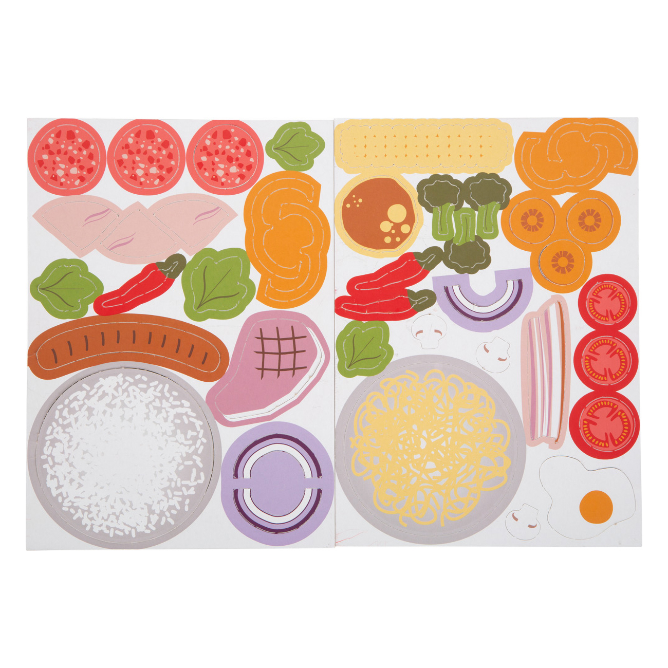 Pegatinas coloridas de comida ilustrada: salchicha, bistec, verduras, fideos, huevo y más.