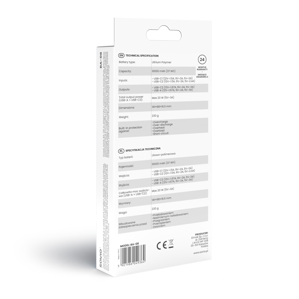 Specyfikacja power banku Savio BA-08: 10000 mAh, Li-Polimer, 20W, 230g.