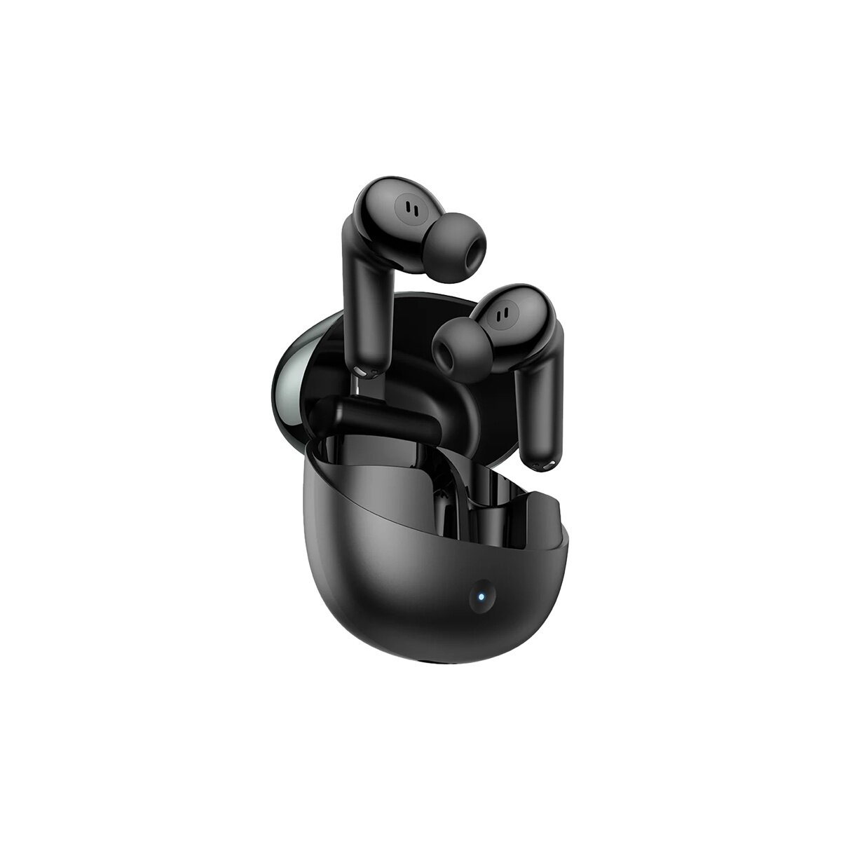 Auricolari wireless neri in una custodia di ricarica nera con luce blu.
