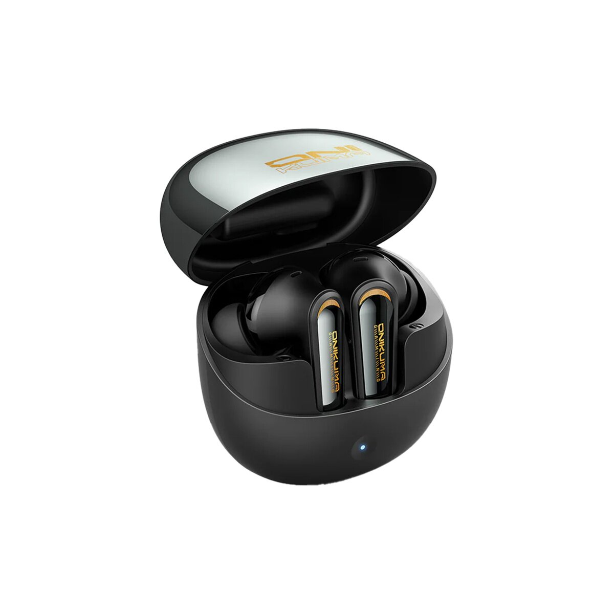 Custodia di ricarica nera aperta con due auricolari wireless neri all'interno. Dettagli oro.