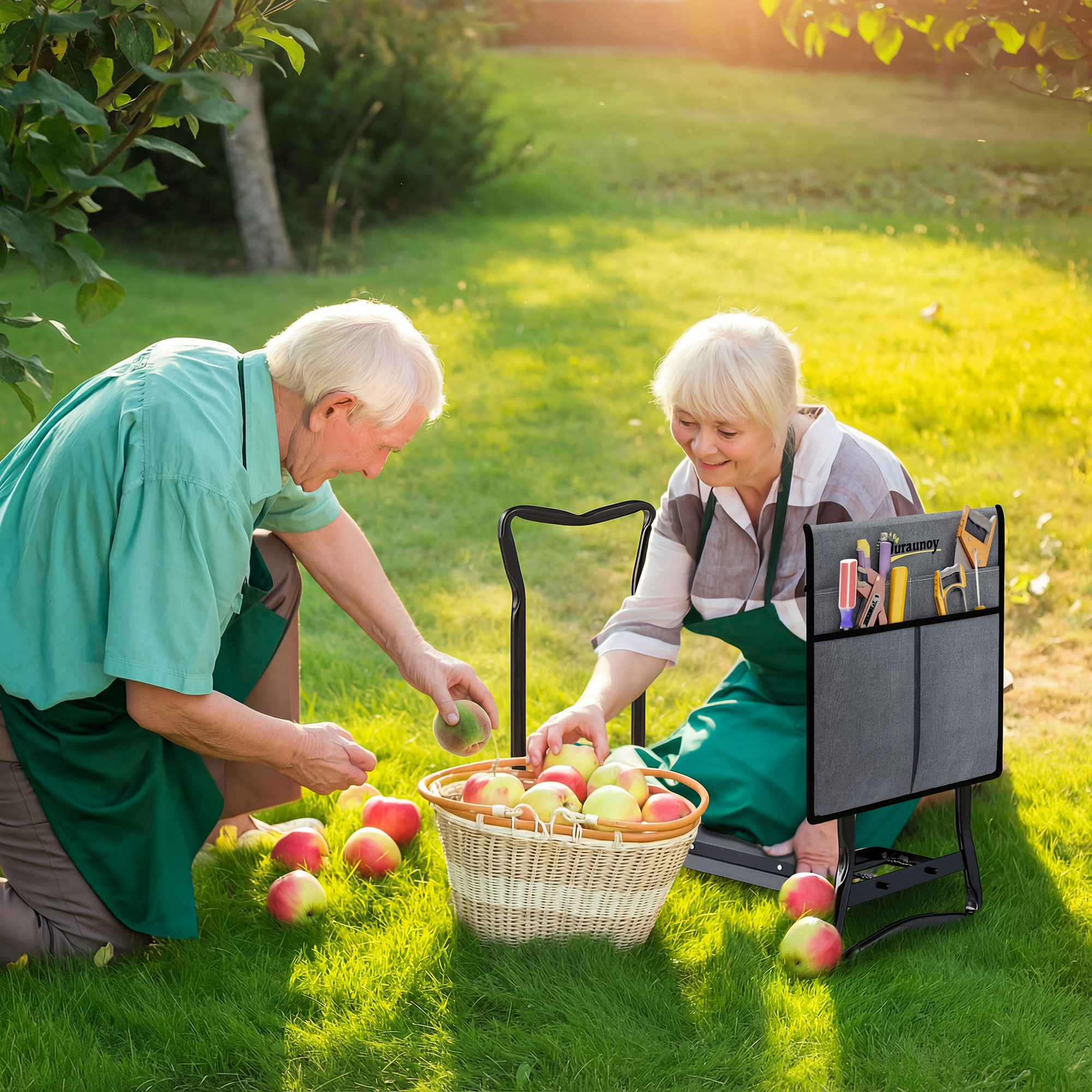 Dos ancianos recogiendo manzanas en un jardín, una cesta de manzanas en el césped.