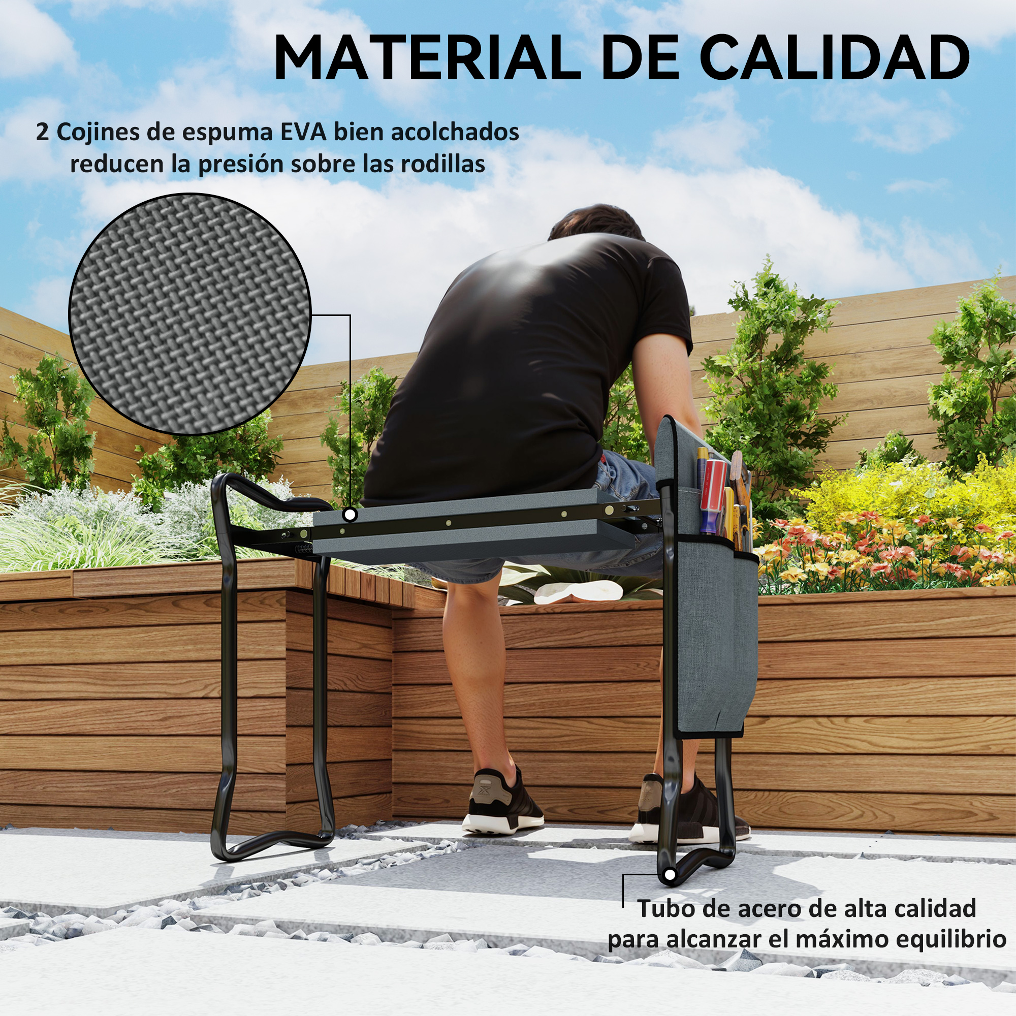 Hombre sentado en un rodillo de jardín con bolsa de herramientas.