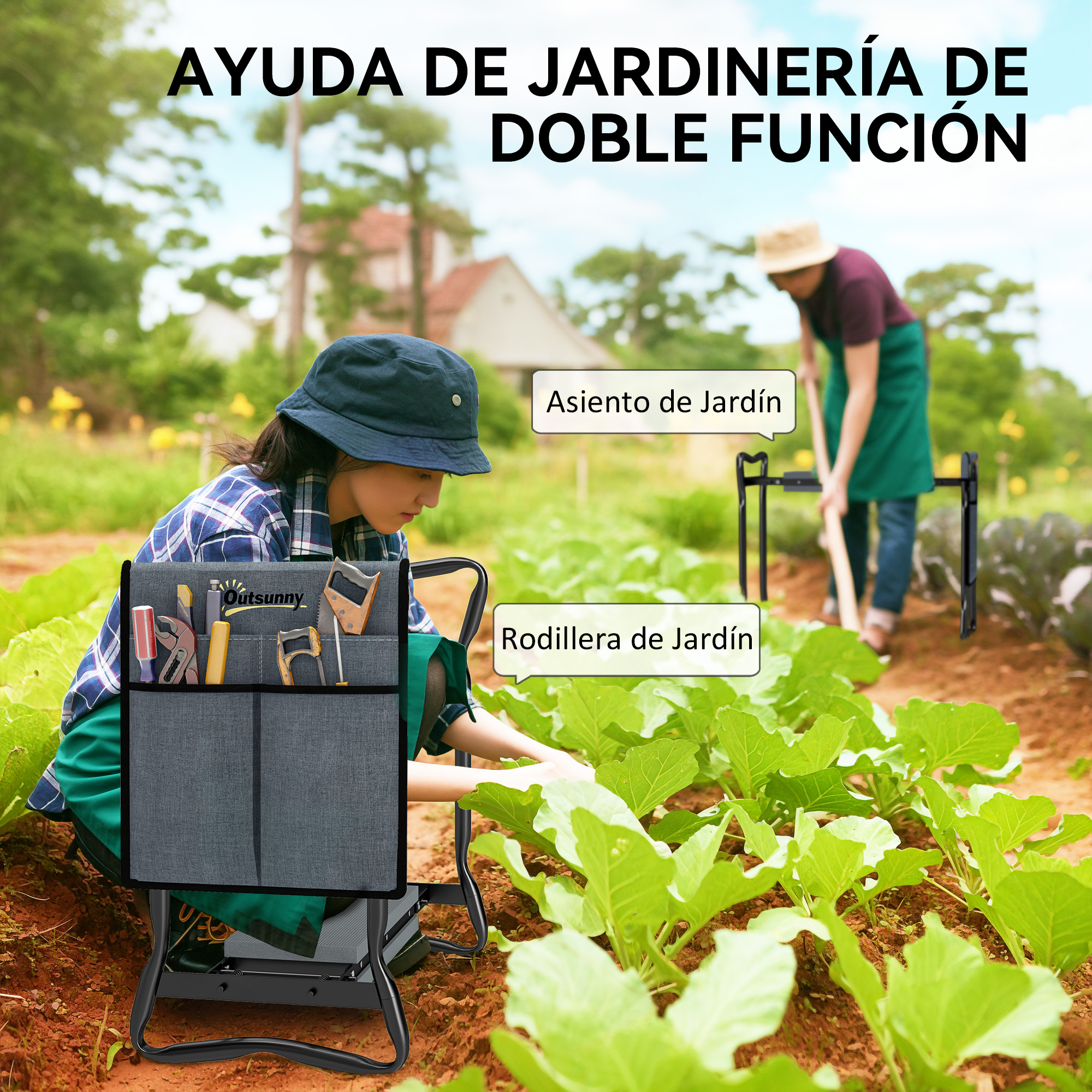 Jardinero con bolsa de herramientas se arrodilla junto a plantas; se cava al fondo.