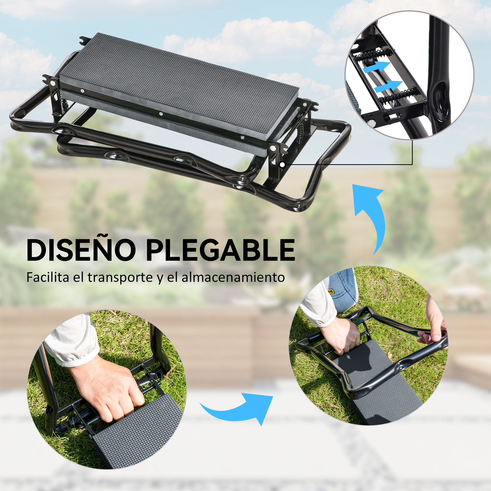Asiento de jardín plegable negro con parte superior acolchada, sobre césped.
