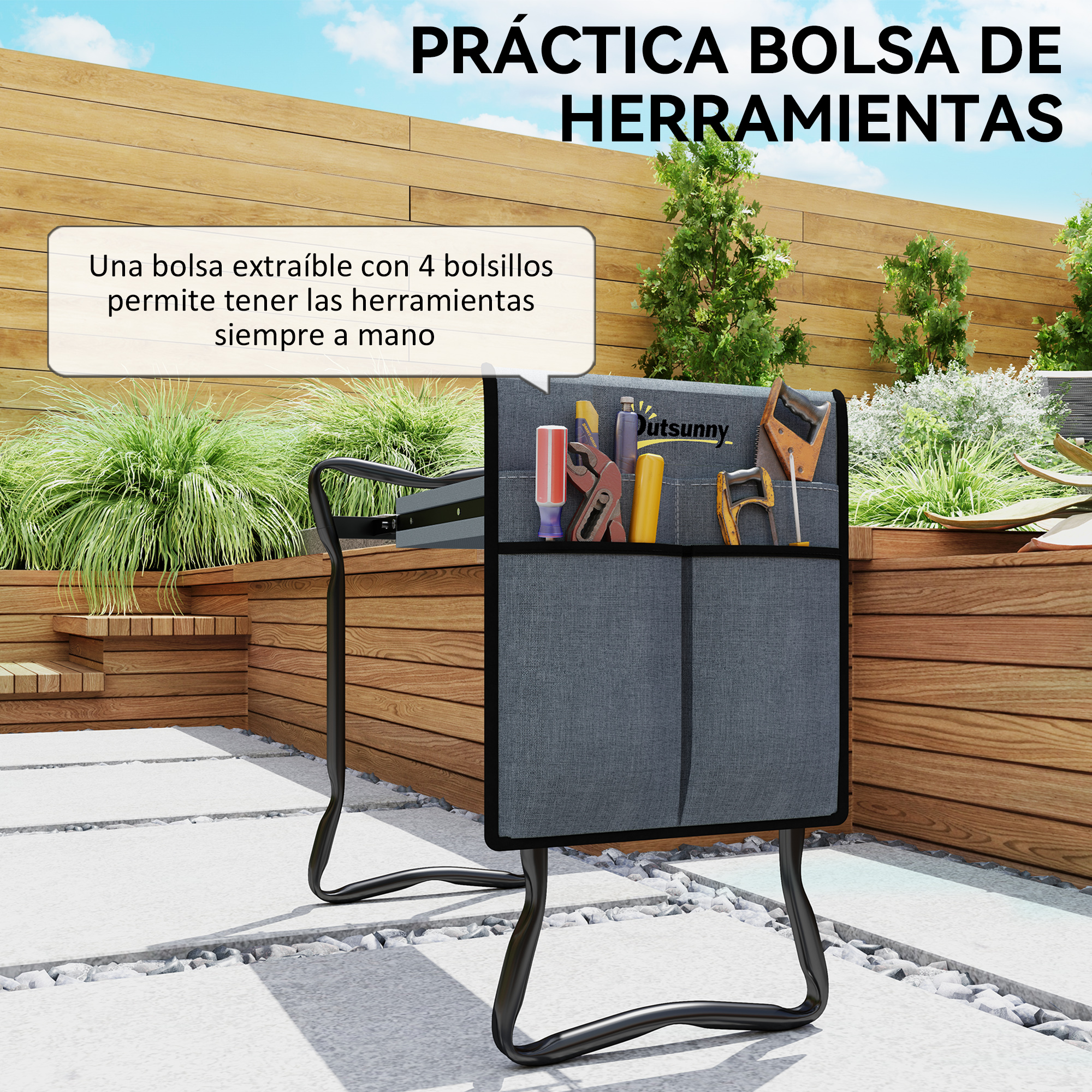 Bolsa de herramientas gris con herramientas en un patio con detalles de madera.