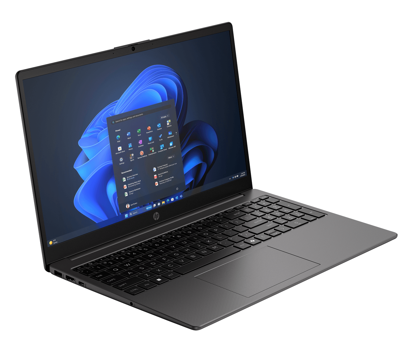 Un portátil HP negro abierto mostrando el menú de inicio de Windows 11 en pantalla.
