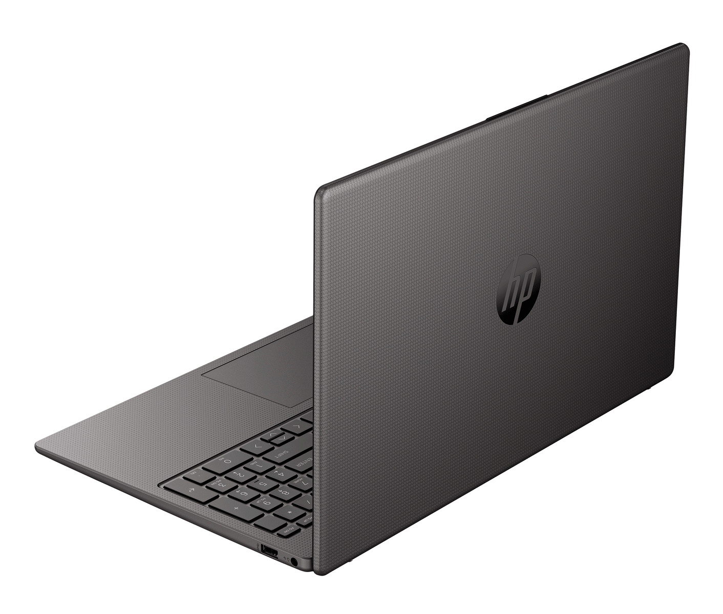 Un portátil HP oscuro mostrando el teclado y el panel táctil sobre fondo blanco.
