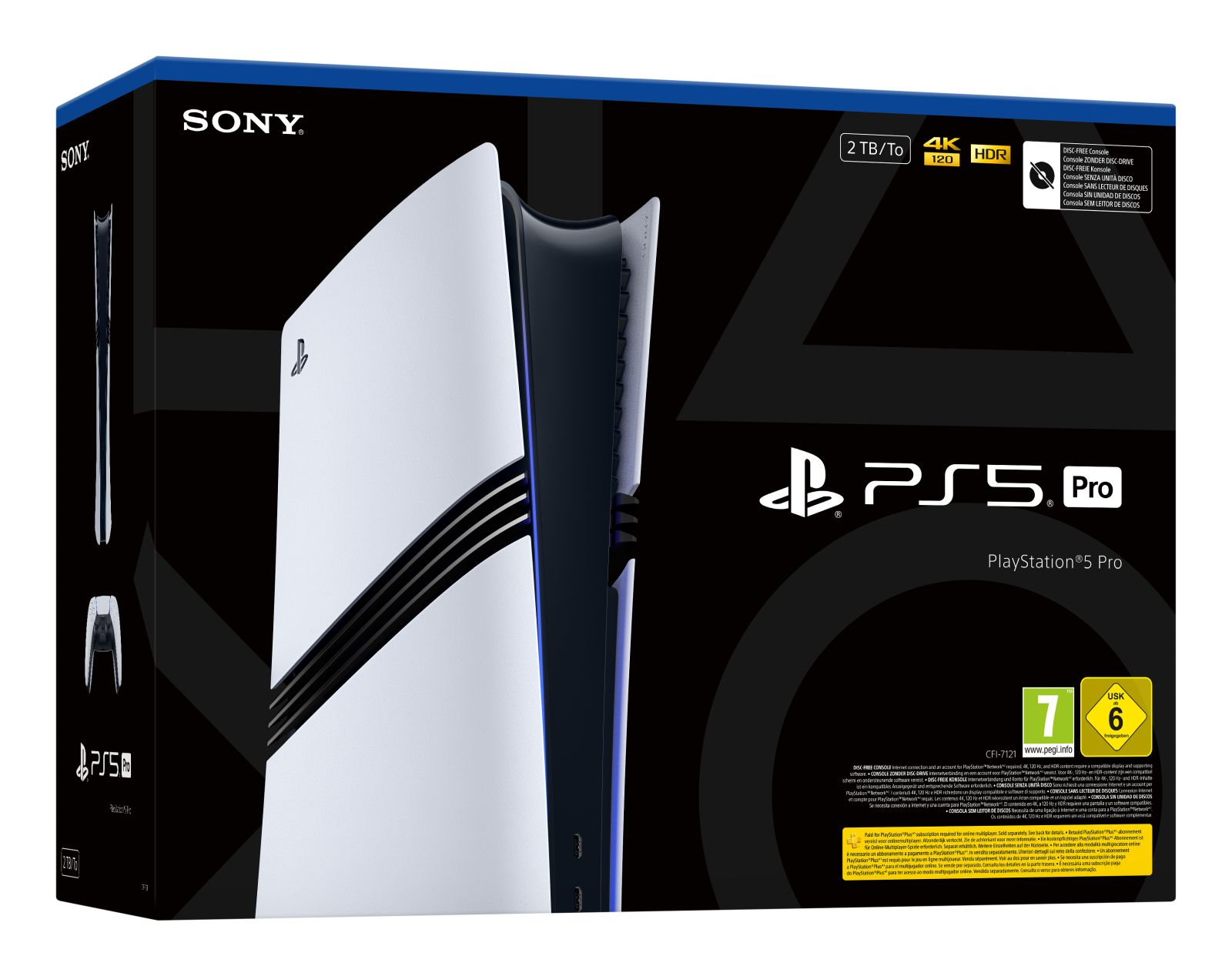 Konsola Sony PlayStation 5 Pro w czarnym opakowaniu z symbolami i specyfikacjami PlayStation.