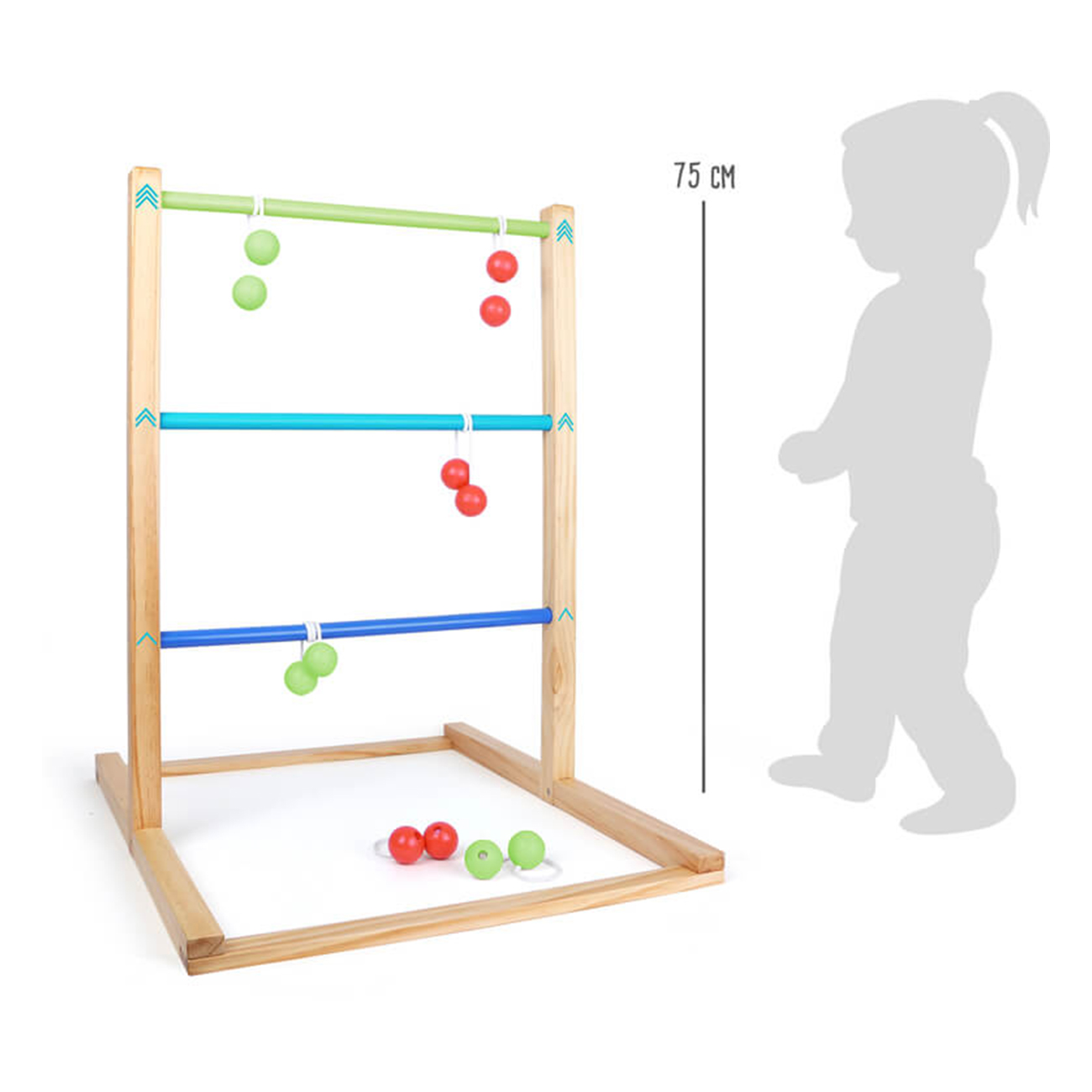 Ein Holzspielzeug mit drei Stangen und Kugeln in Rot und Grün. daneben eine Silhouette eines Kindes.