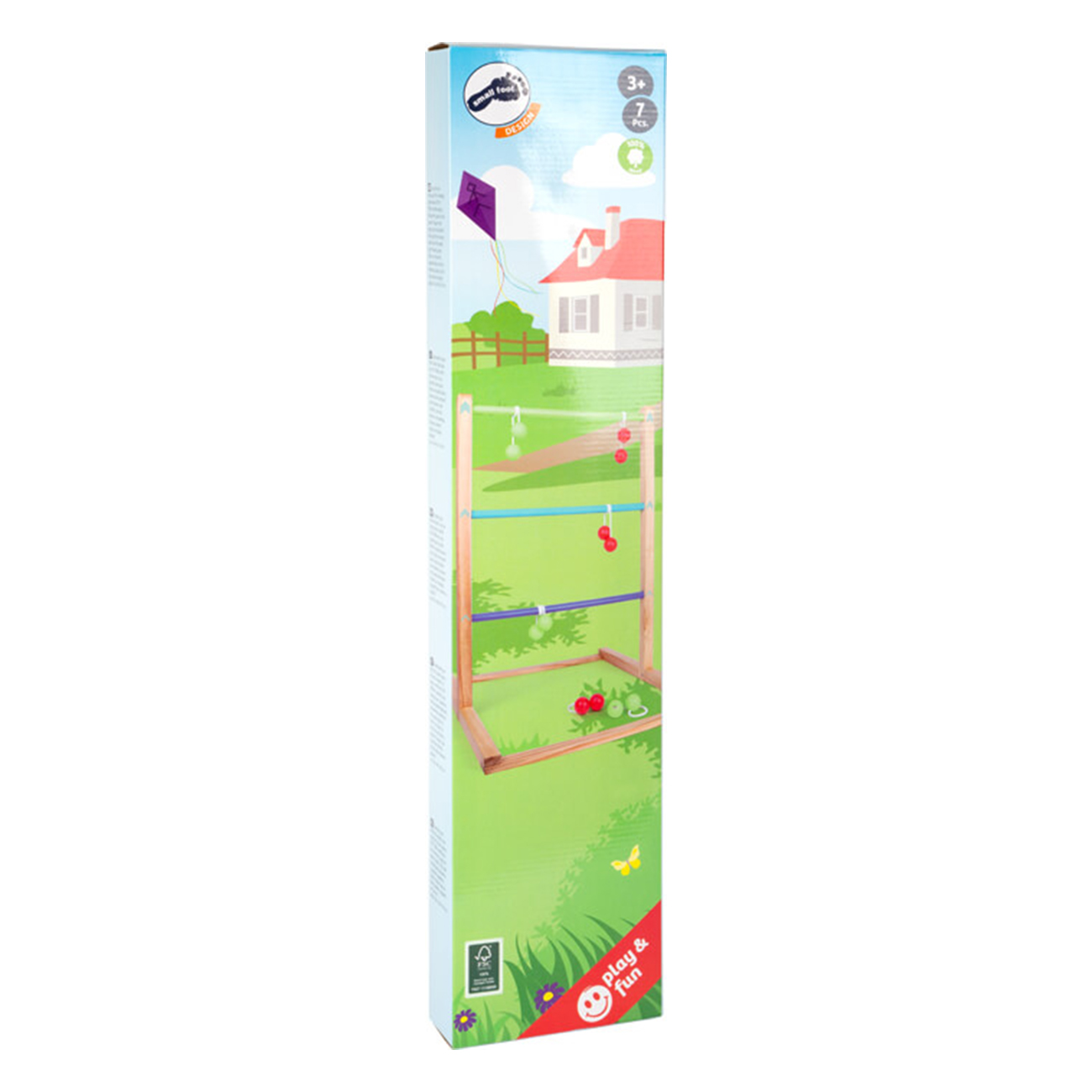Verpackung eines Holzspielzeugs mit einem Flugdrachen-Motiv und einem Haus.