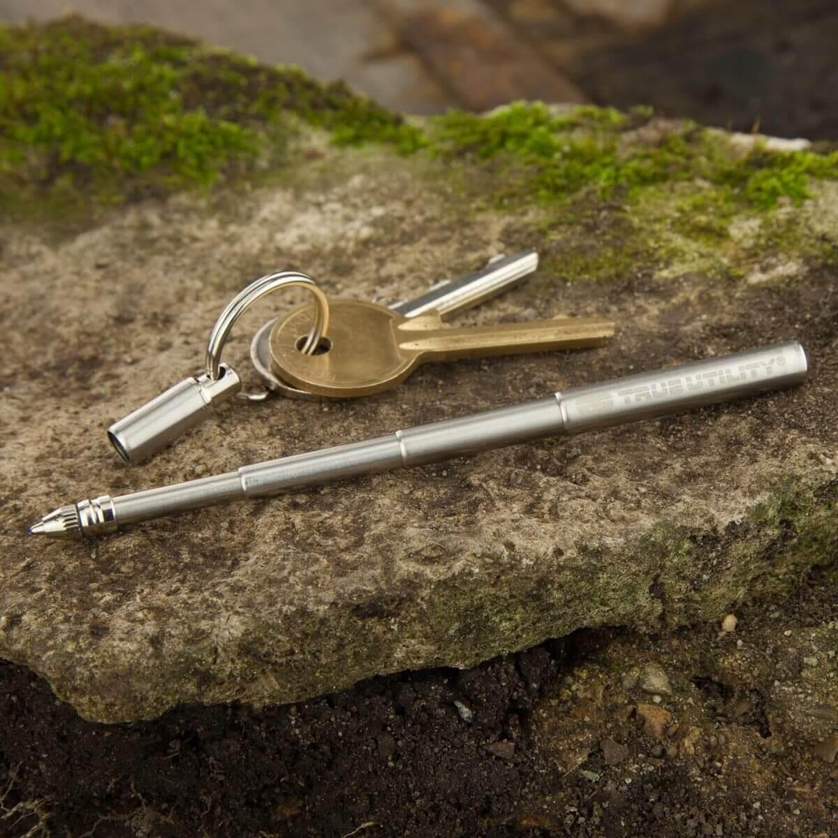 Un porte-clés argenté et un stylo extensible reposent sur une pierre moussue.