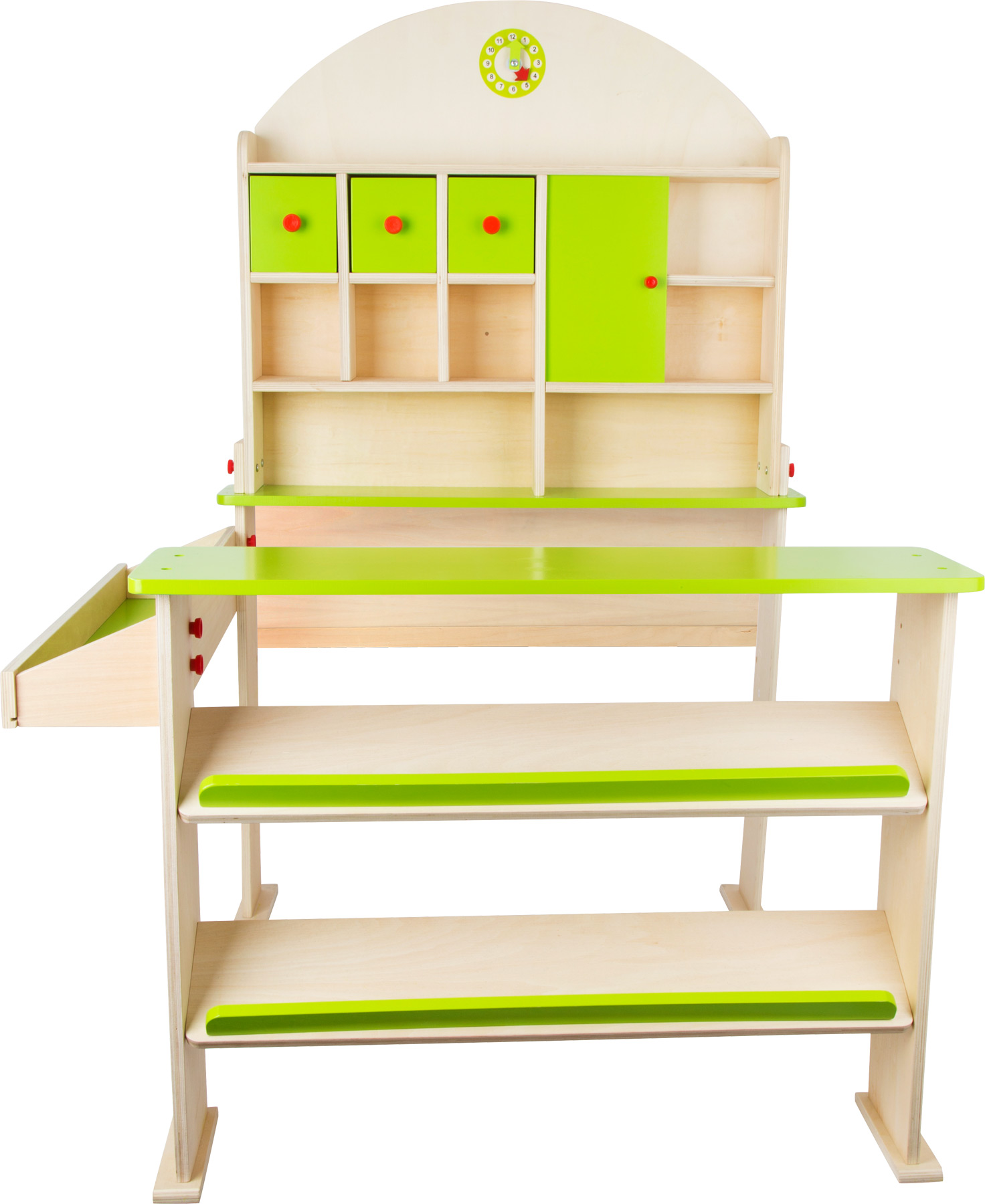 Holzspielzeug-Küche mit grünen Schubladen, Regalen und einer Uhr.