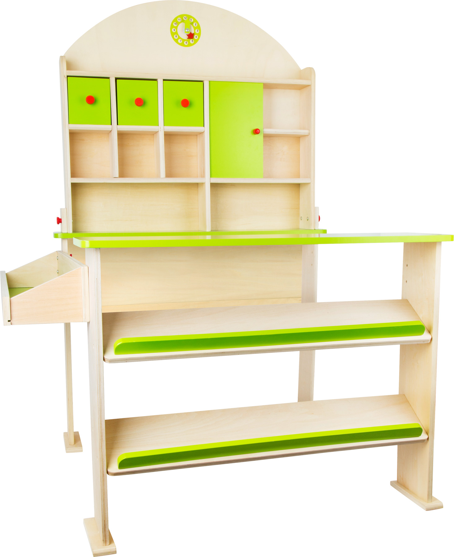 Holzspielzeug-Kasse mit grünen Schubladen, Regalen und Uhr.