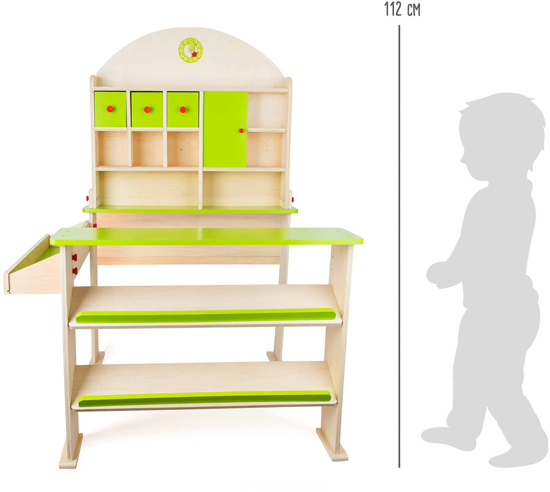 Holzspielzeug-Kasse mit grünen Akzenten und Schubladen. Ein Kindersilhouett zeigt die Größe.