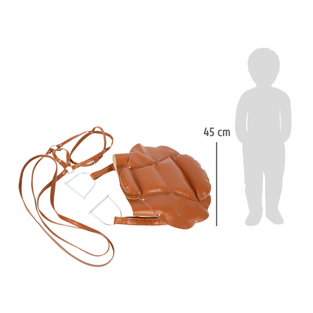 Ein braunes Sattelzeug mit Zaumzeug und Steigbügeln, daneben eine stilisierte Kinderfigur.