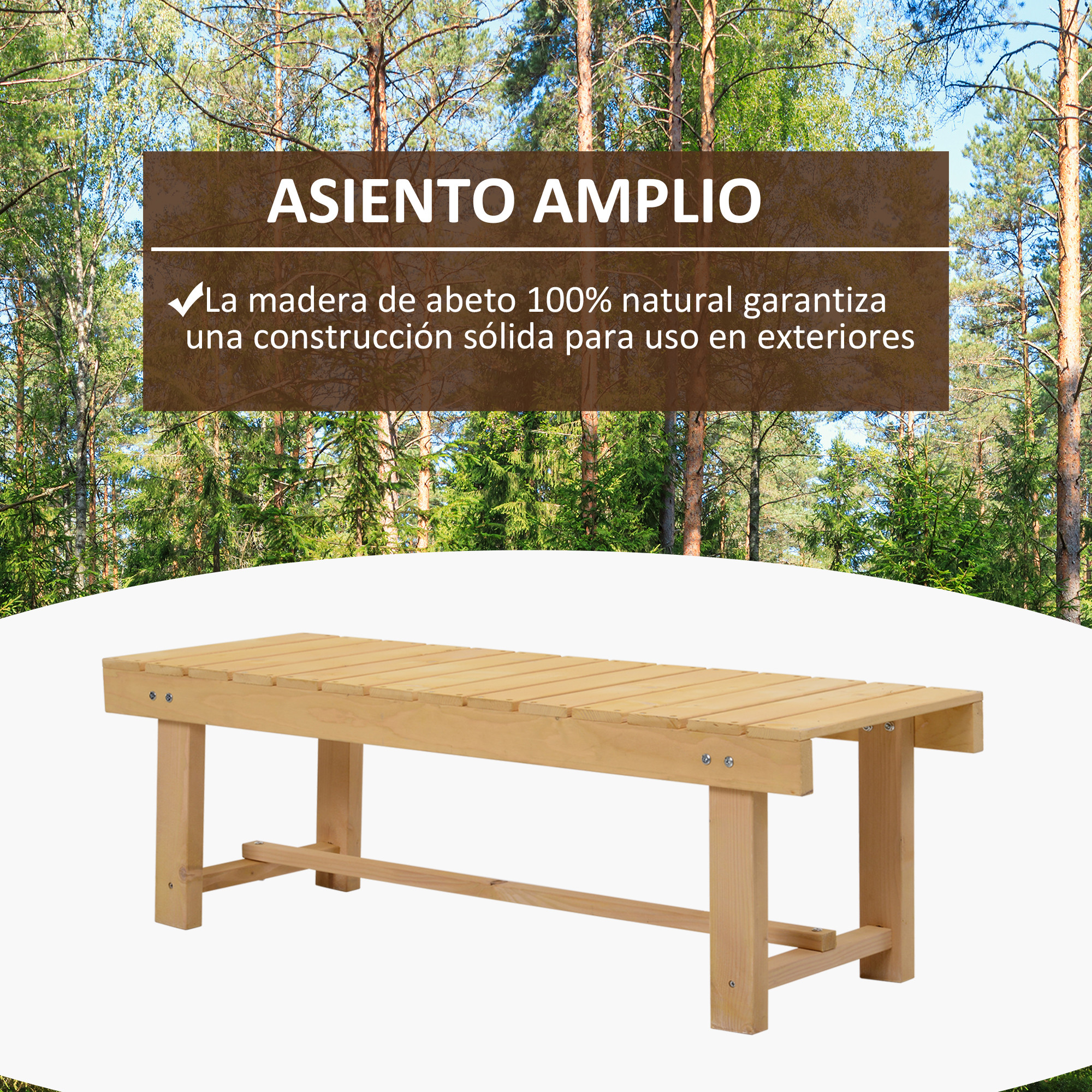 Un banco de madera de pino se encuentra frente a un bosque con árboles.
