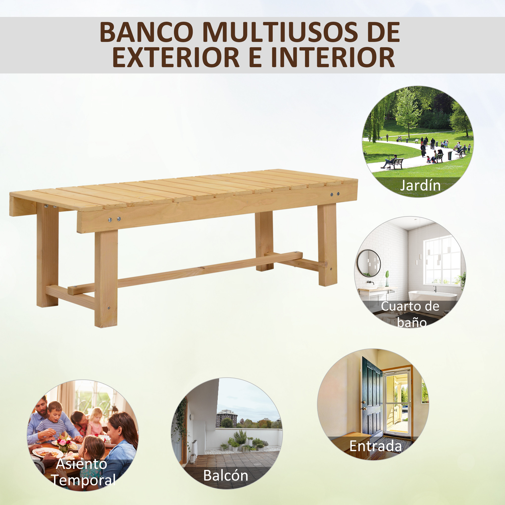 Banco de madera con imágenes de parque, baño, balcón, entrada y familia.