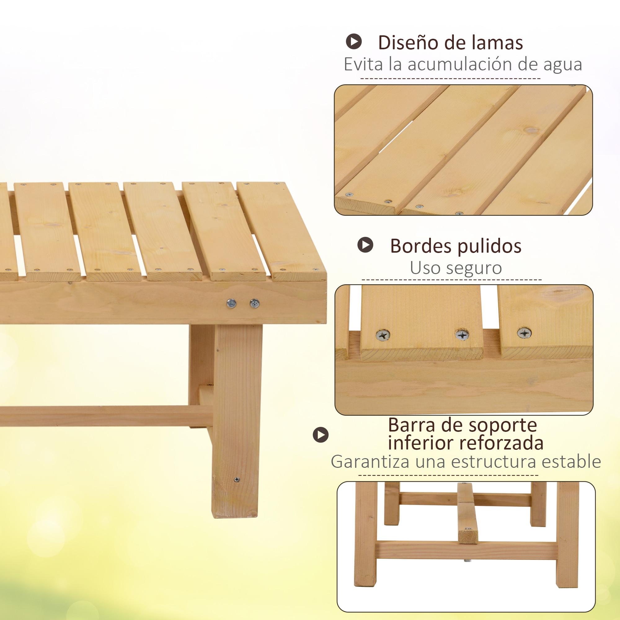 Banco de madera con tapa de listones, bordes pulidos y soporte reforzado.