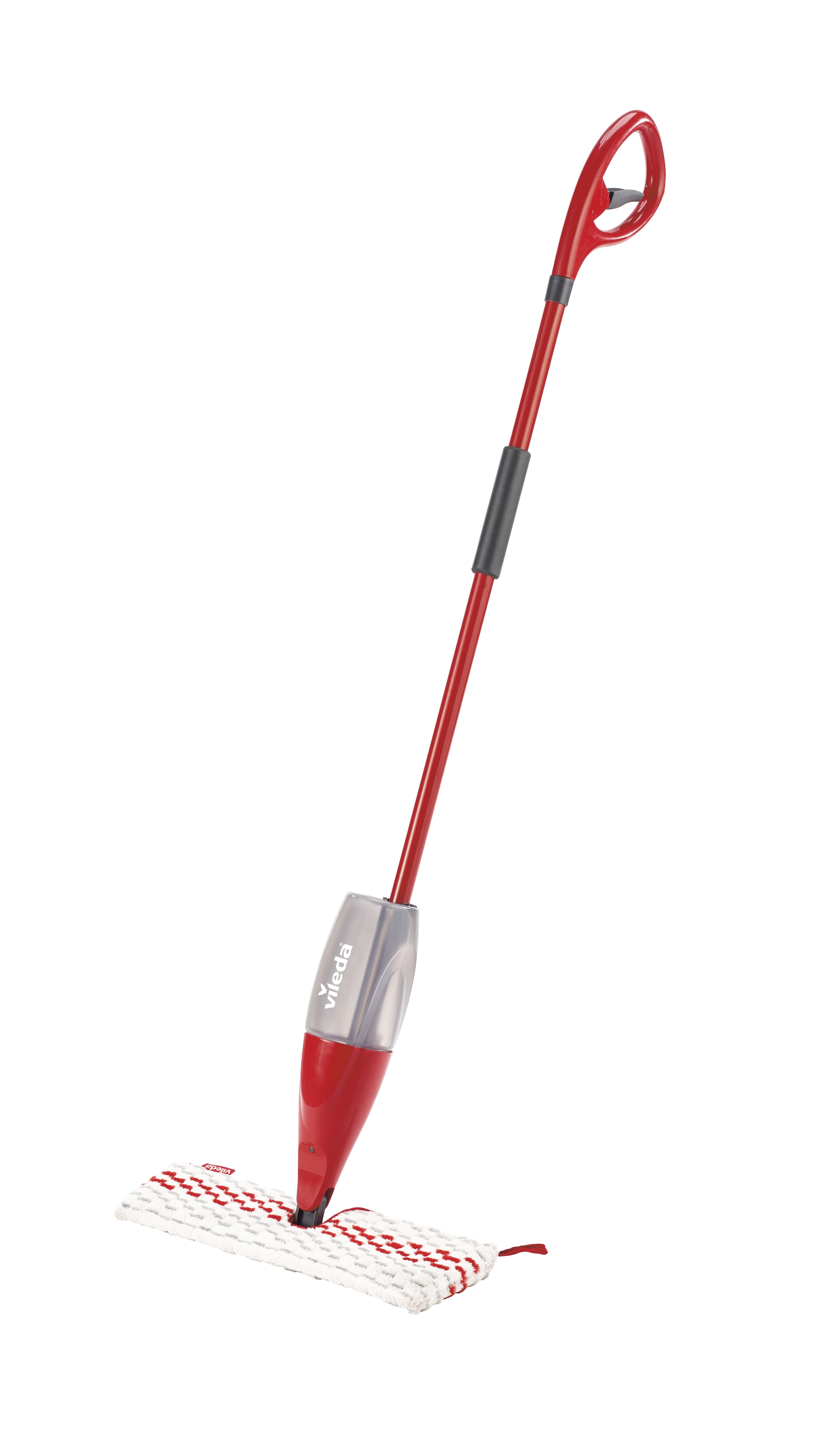Un mocio spray rosso con testina bianca a strisce rosse.