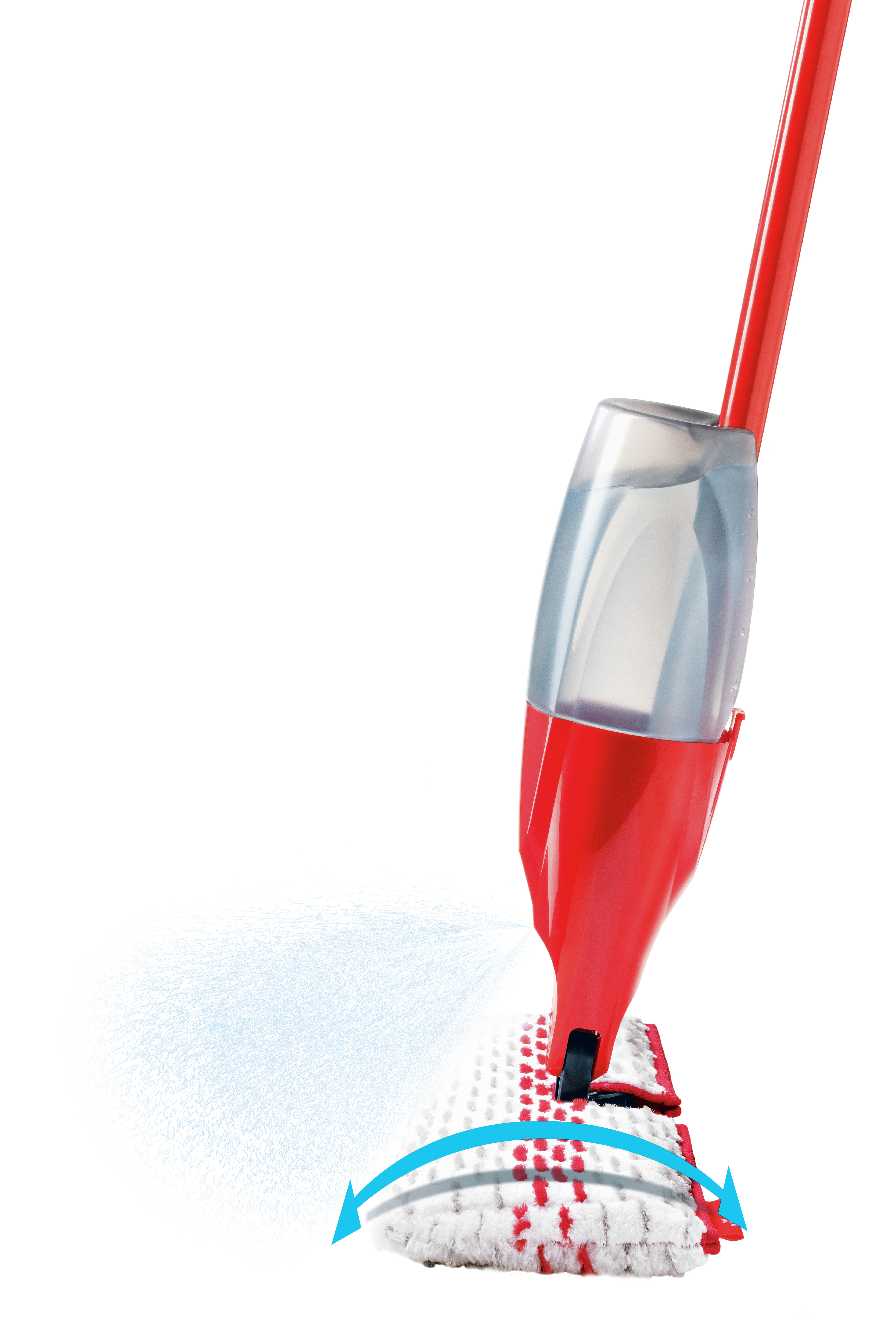Un mocio spray rosso spruzza acqua su un pavimento bianco.