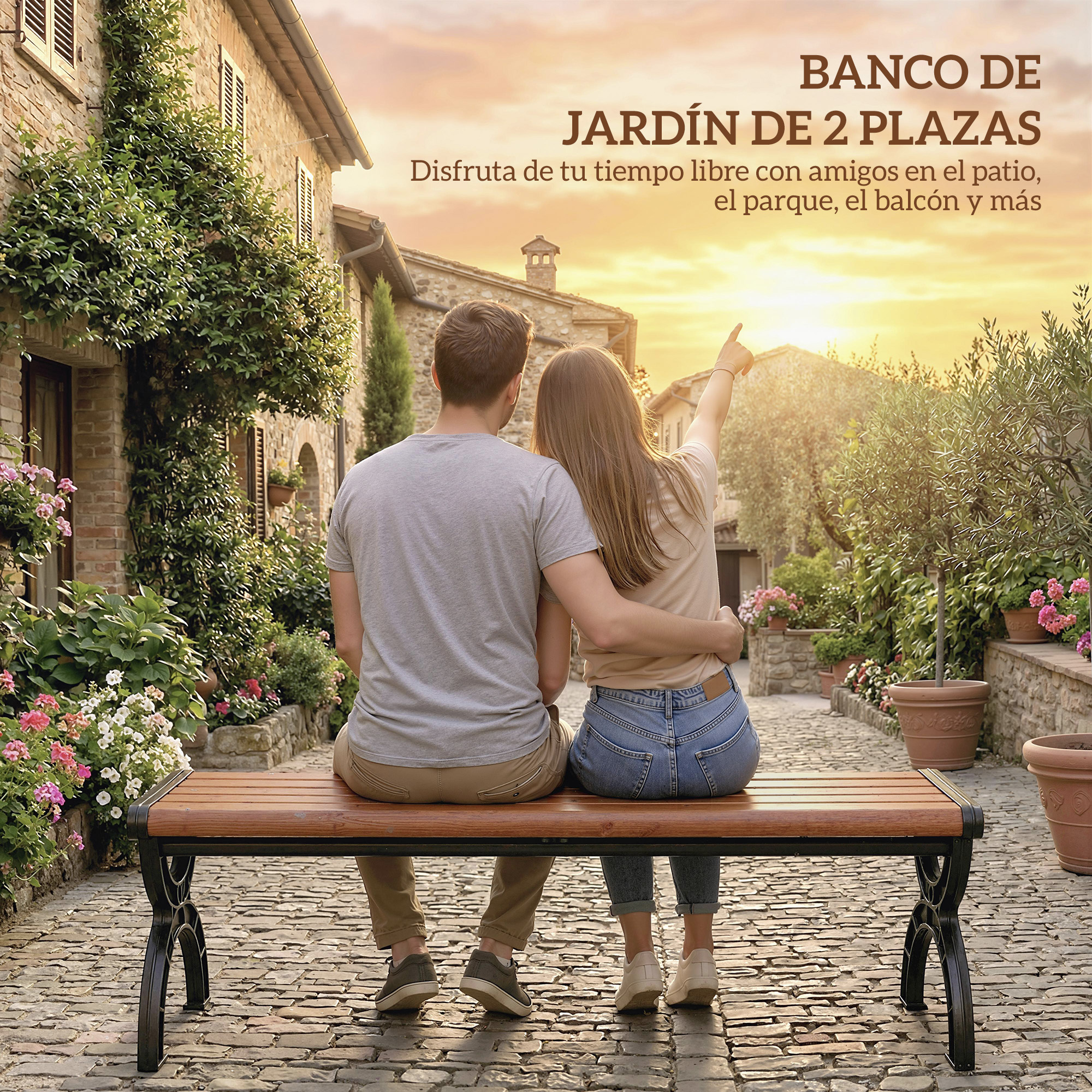 Una pareja sentada en un banco frente a casas de piedra al atardecer.