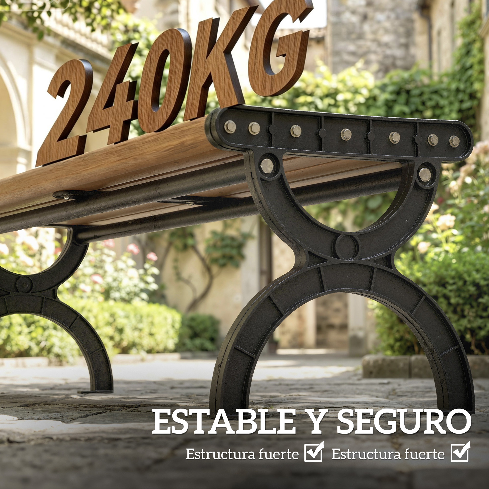 Banco con lamas de madera y estructura de metal negro, muestra '240KG'.