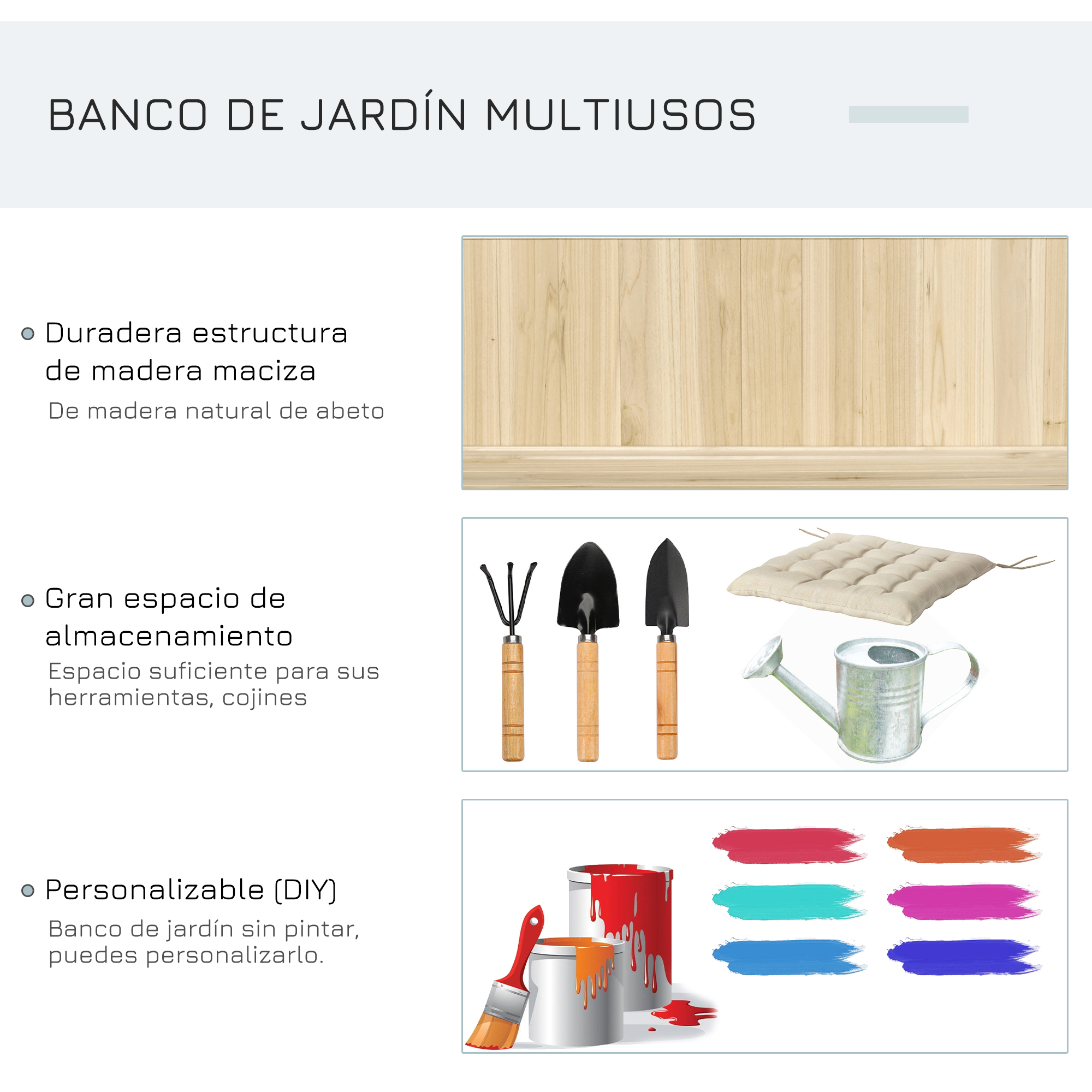 Banco de jardín con herramientas, cojín, latas de pintura y pincel.