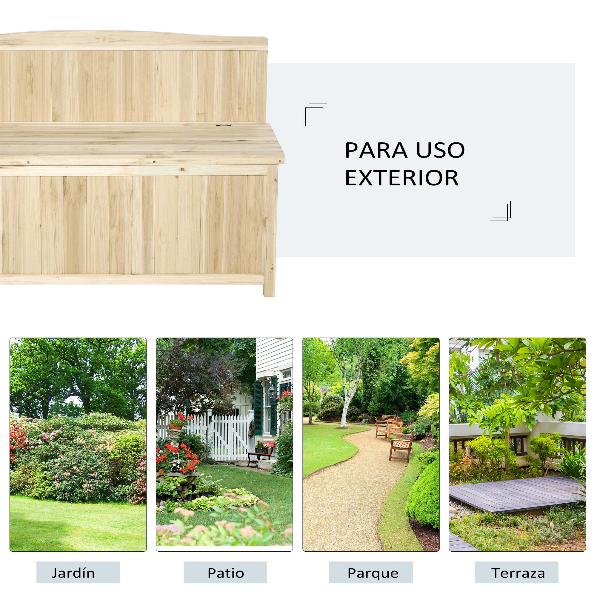 Banco de madera para exterior con almacenaje, junto a imágenes de jardín, patio, parque.