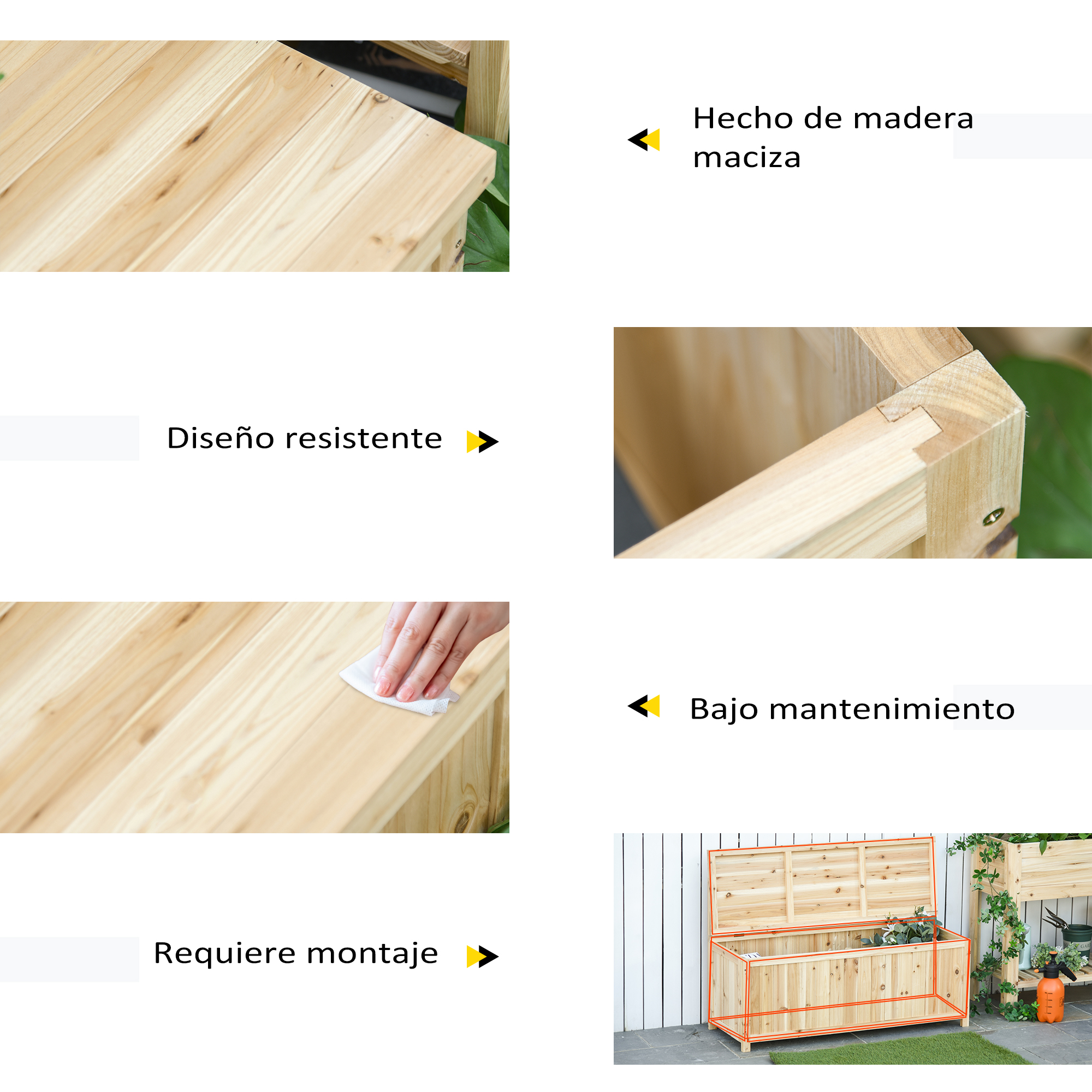 Arcón de madera con tapa abierta, junto a estantería con plantas.