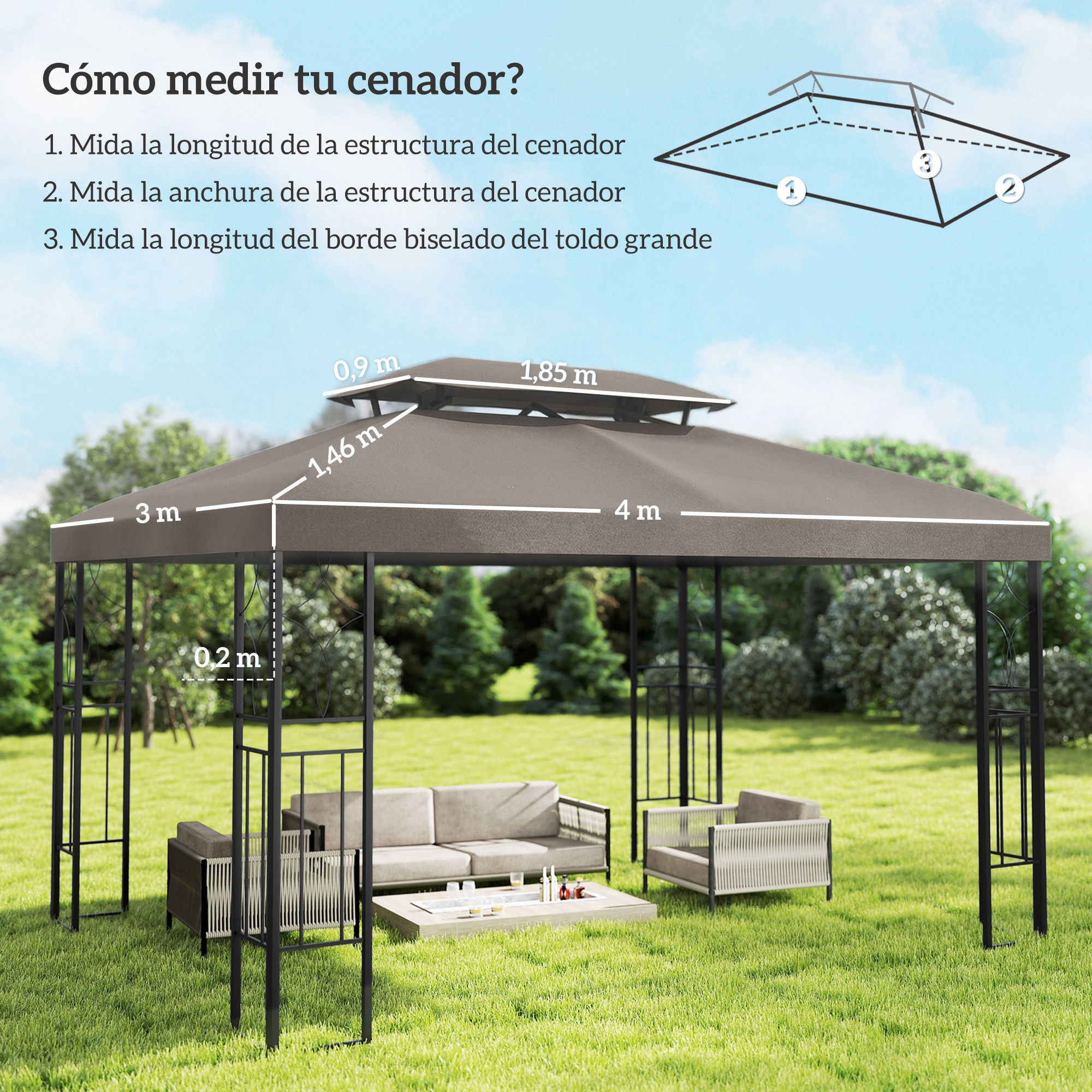 Un cenador con muebles de exterior y medidas.