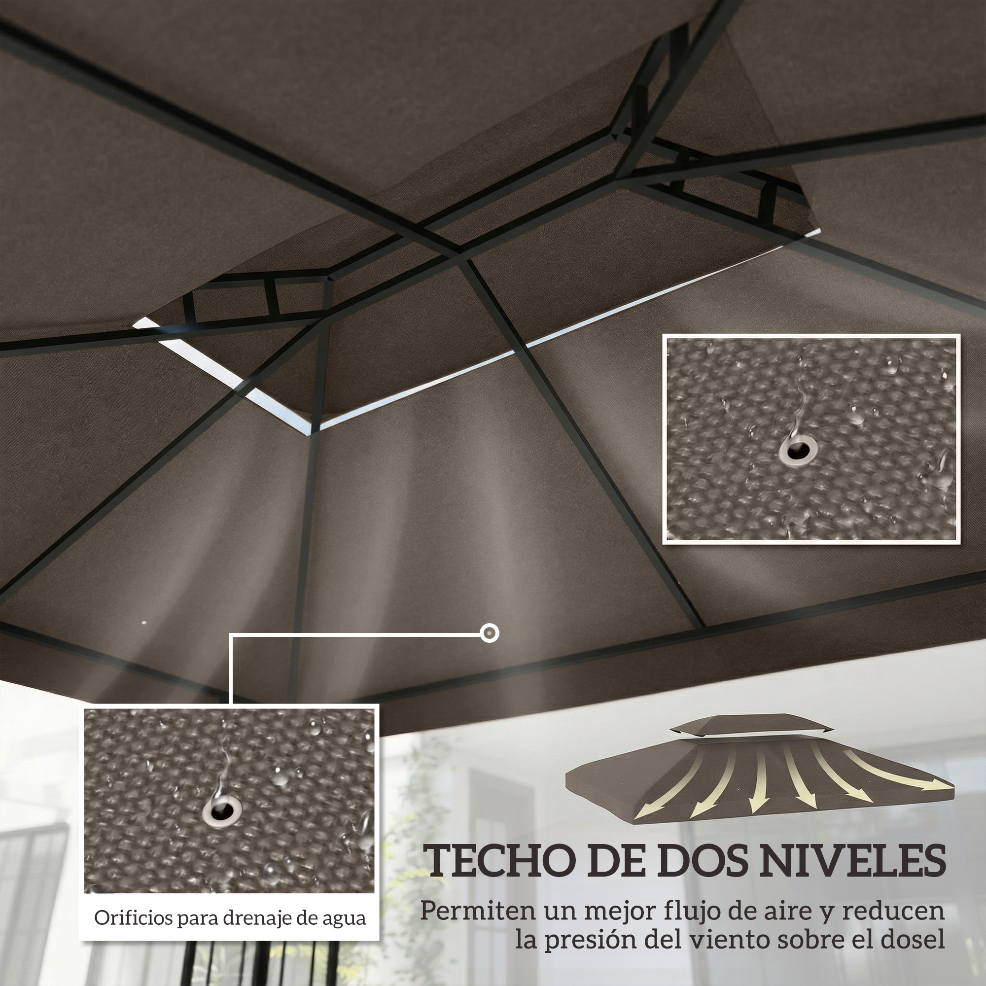 Doble dosel marrón con orificios de drenaje de agua y flechas de aire.